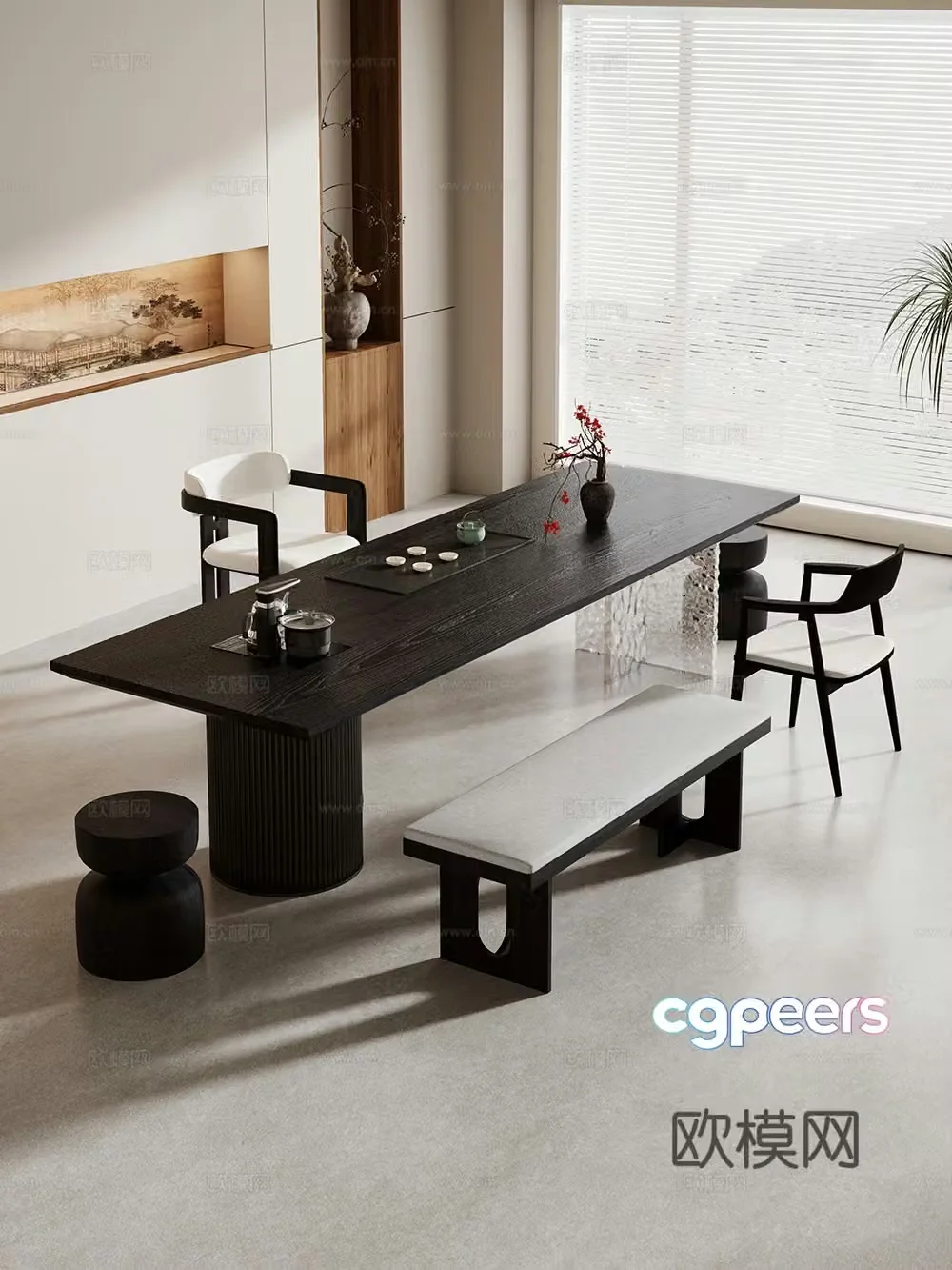 Creamy large plate table tea table and chair combination tea table tea table tea room tea table balcony tea table 3D model