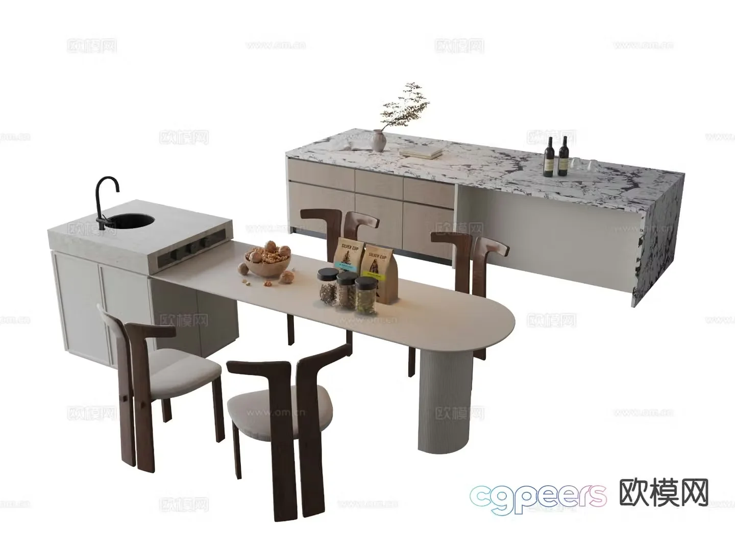 Modern island table dining table and chairs 3d model