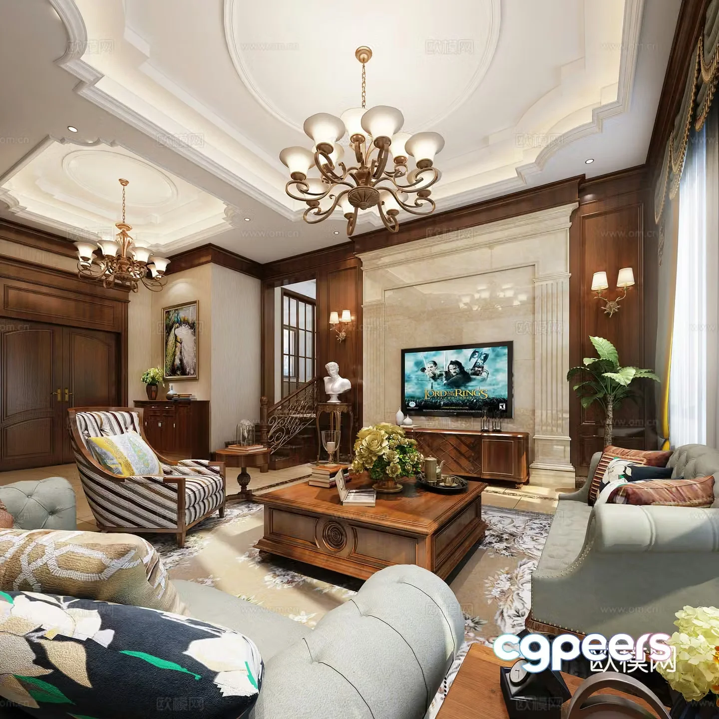 American living room chandelier sofa coffee table TV cabinet 3d model