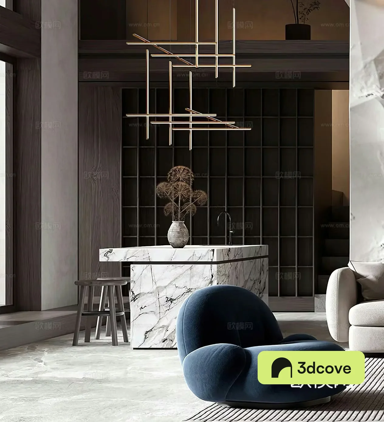 Modern bar modern restaurant Italian social room leisure chair chandeliers island living and dining room