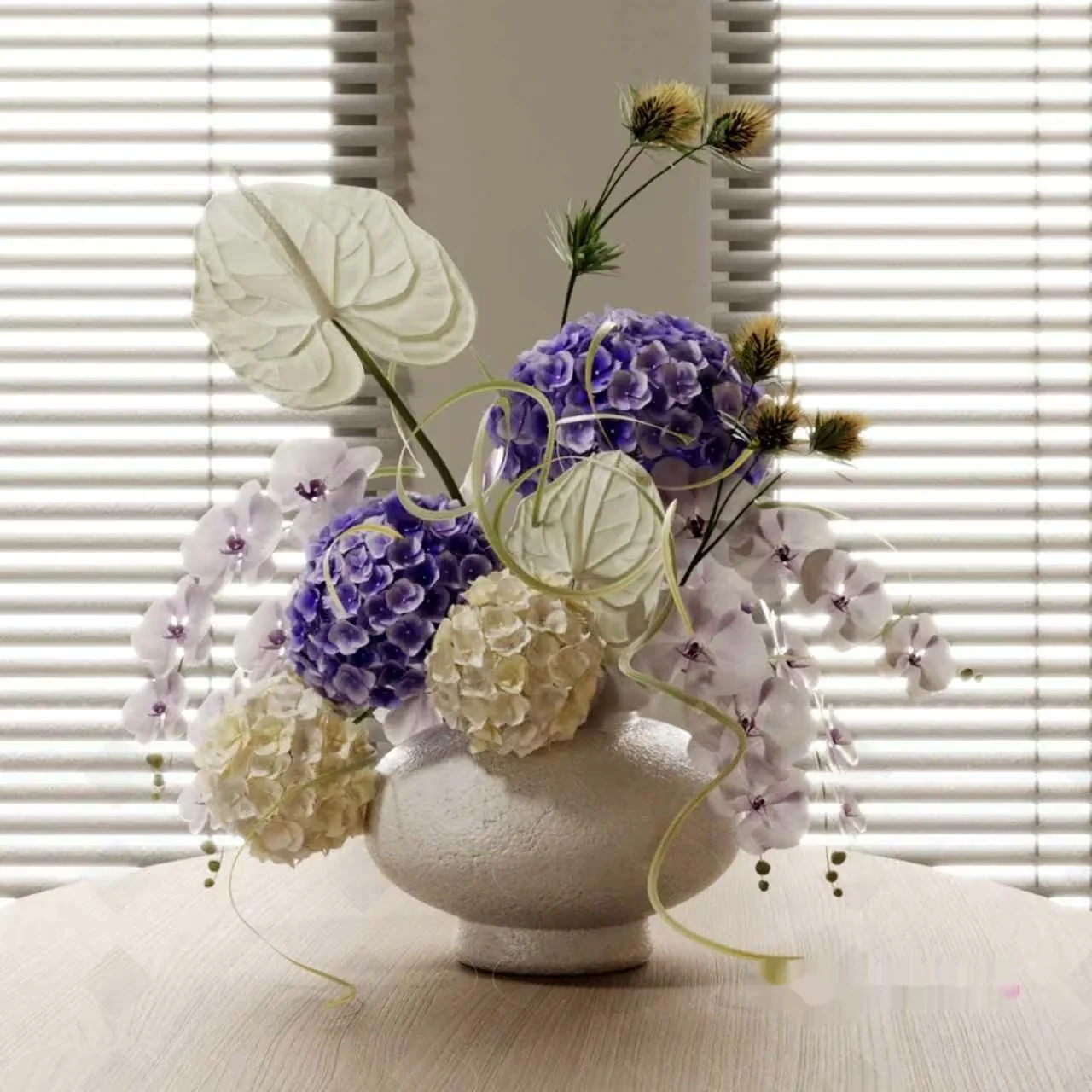 A White Vase With Purple And White Flowers 3D Model – 920 – VRAY Render