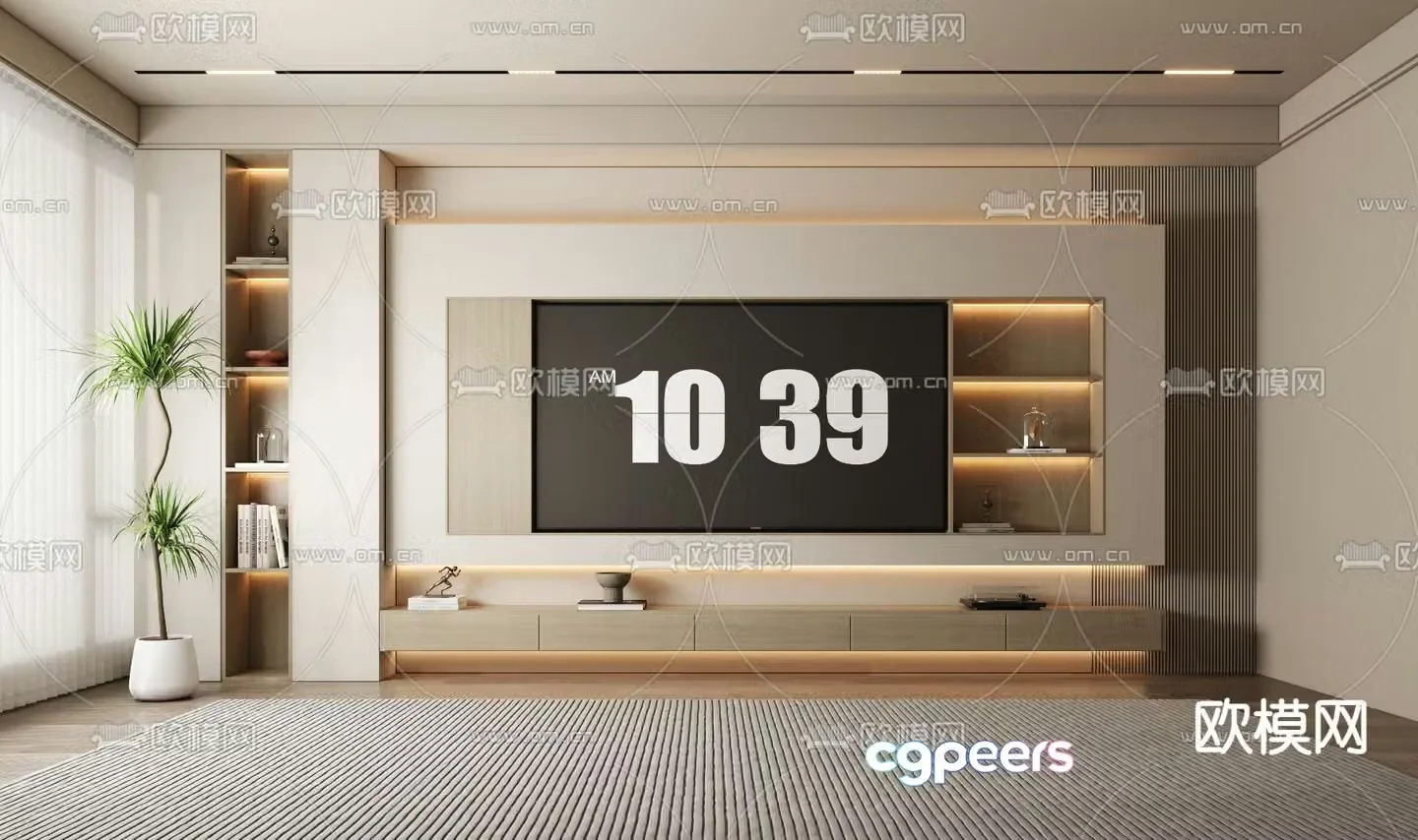 Cream style living room TV background wall 3D model