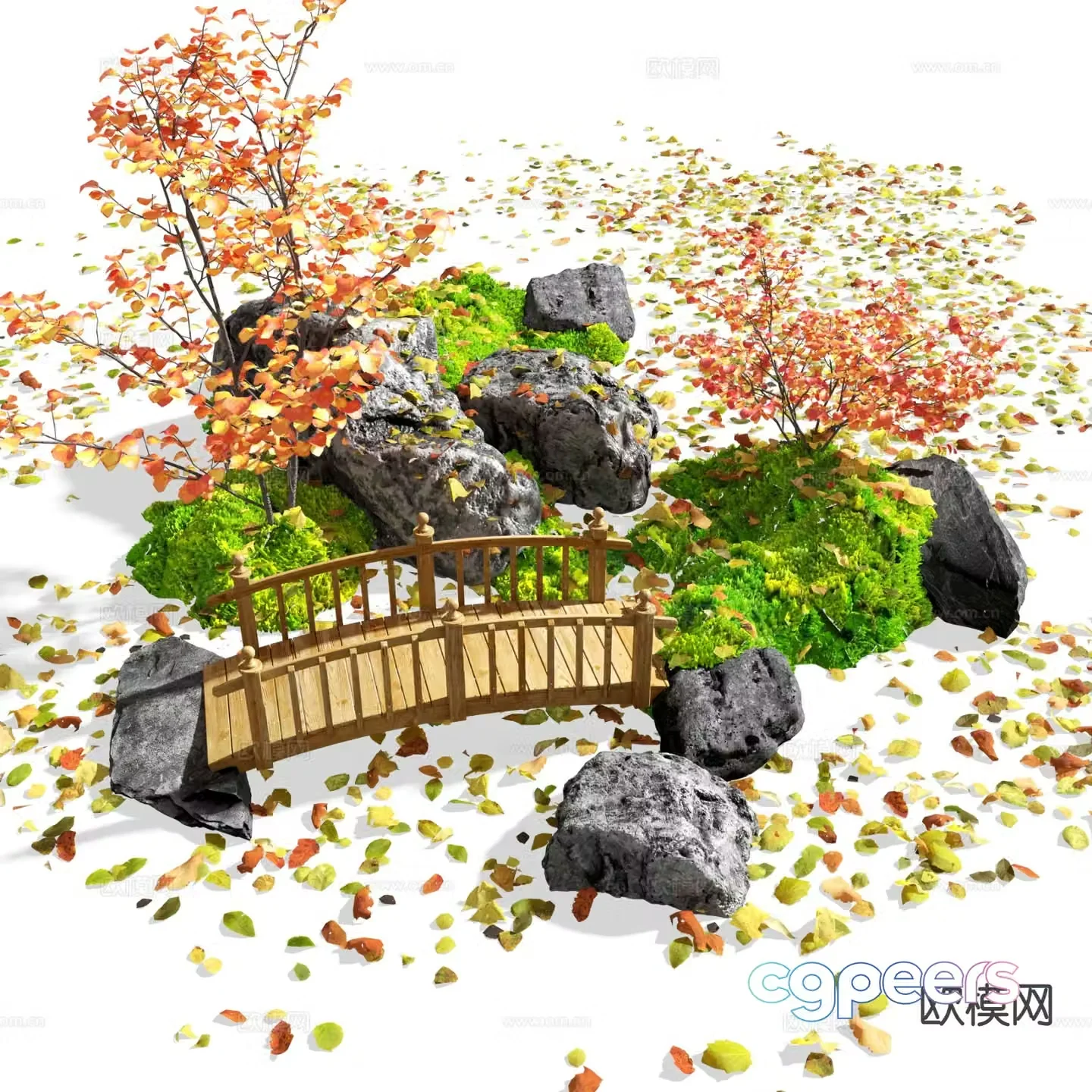 Red maple landscape sketch fallen leaves stones wooden bridge 3D model