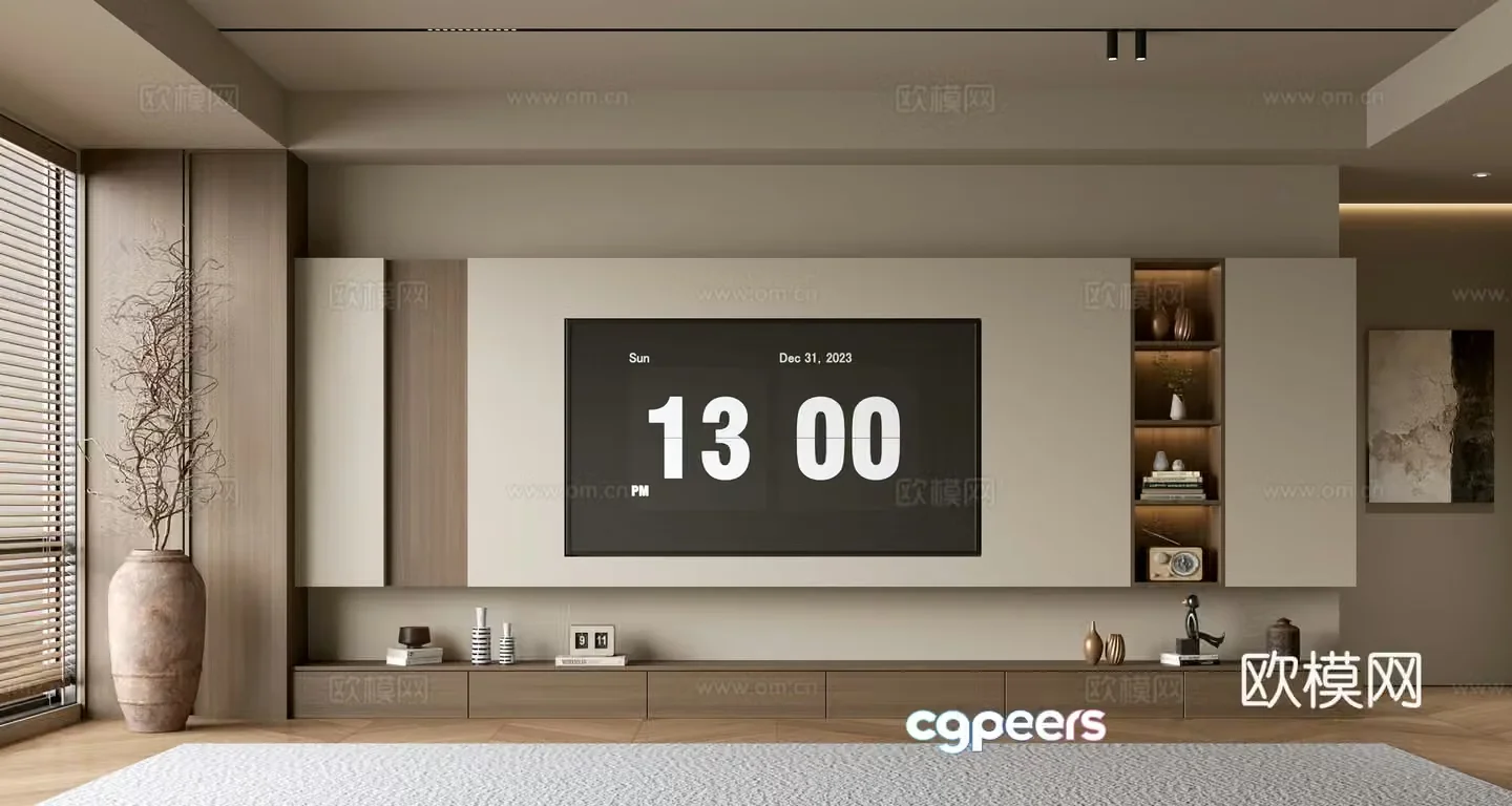 The ancient TV background wall of the TV cabinet and the background wall of the modern Wasabi style living room The ancient style 3D model