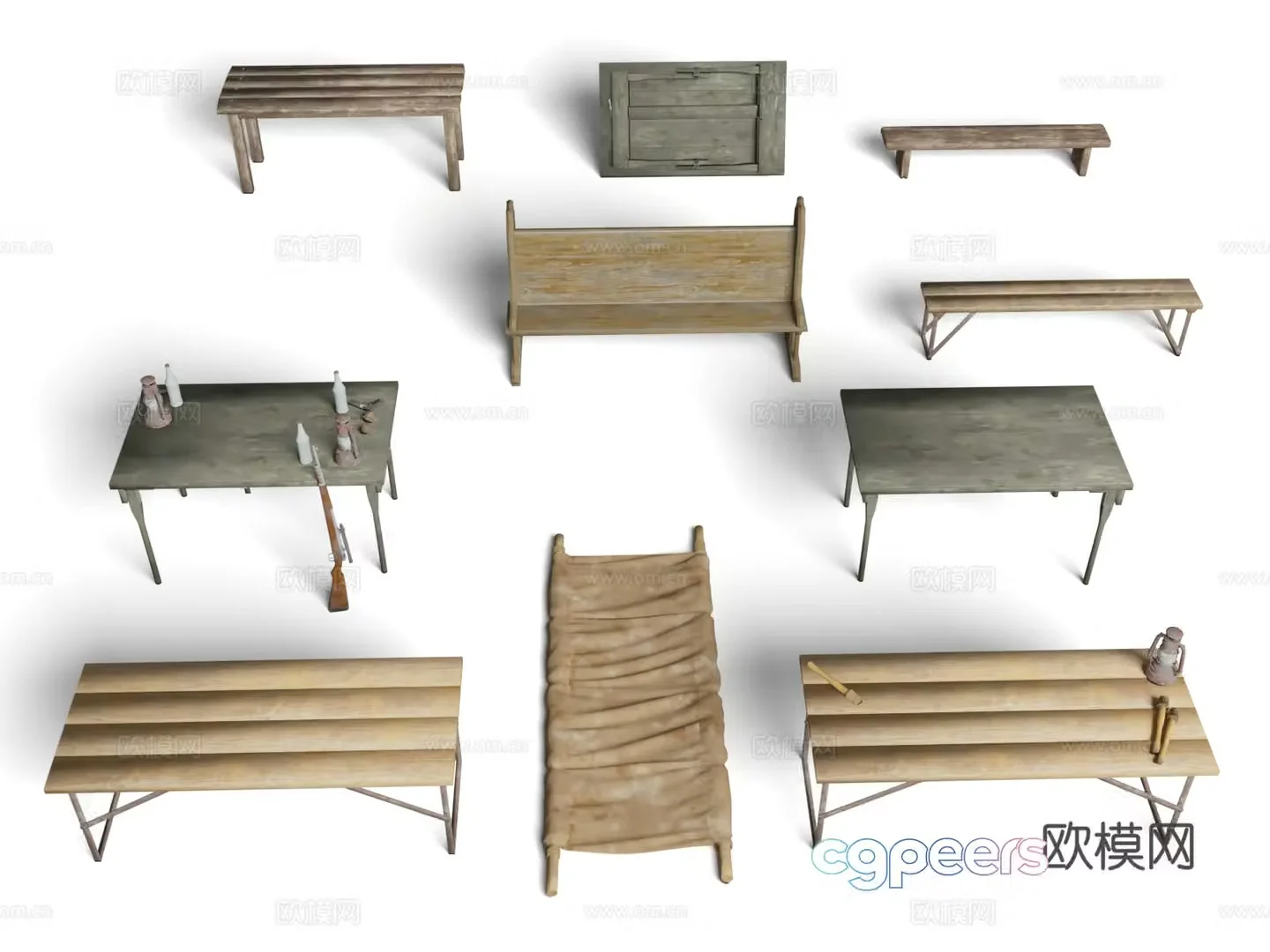Military facilities Medical stretcher Seat Suggested table Bench Kerosene lamp Military theme 3D model