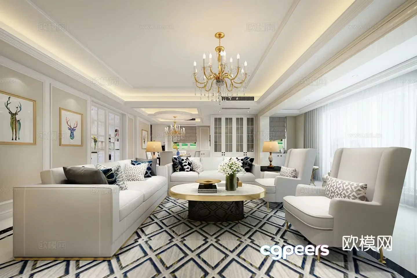 American simple whitening and dining room 3D model