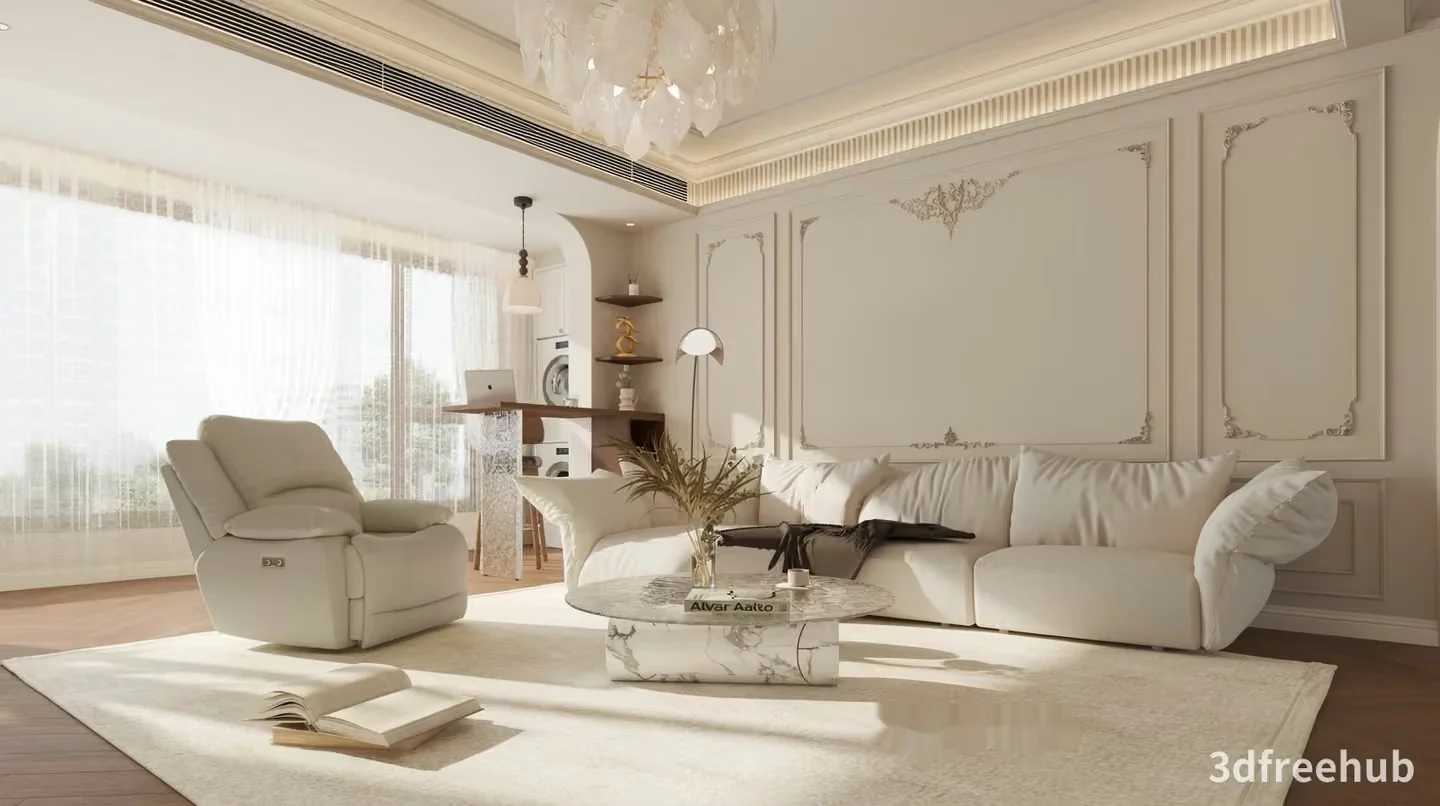 White Living Room 3D Model – 18947 – VRAY Render