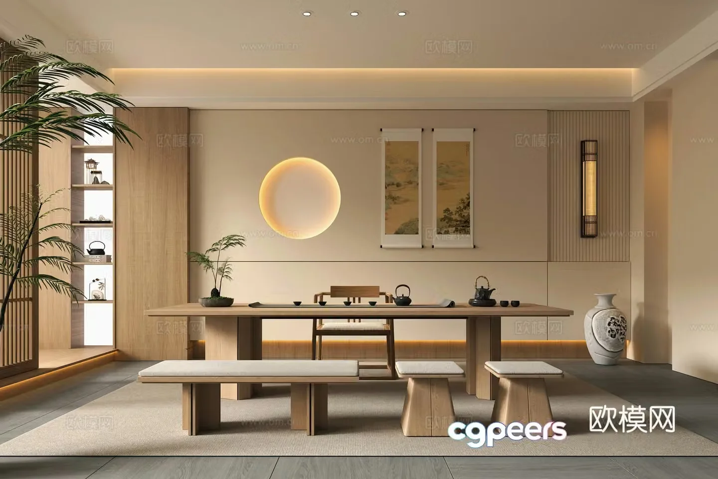 Song style aesthetic tea room background wall tea table and chair 3d model