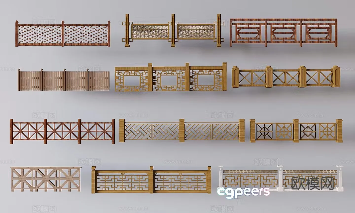 New Chinese-style fence guardrail staircase hollow lattice handrail solid wood railing fence fence 3D model