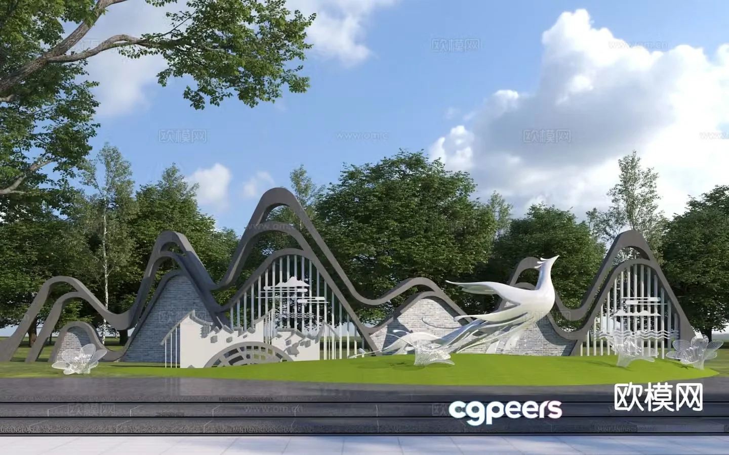 New Chinese style rural entrance landscape wall 3D model