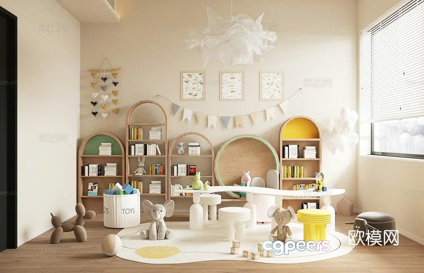Modern children’s entertainment room Toy room Children’s bookcase Children’s activity table and chairs Toy doll combination 3D model