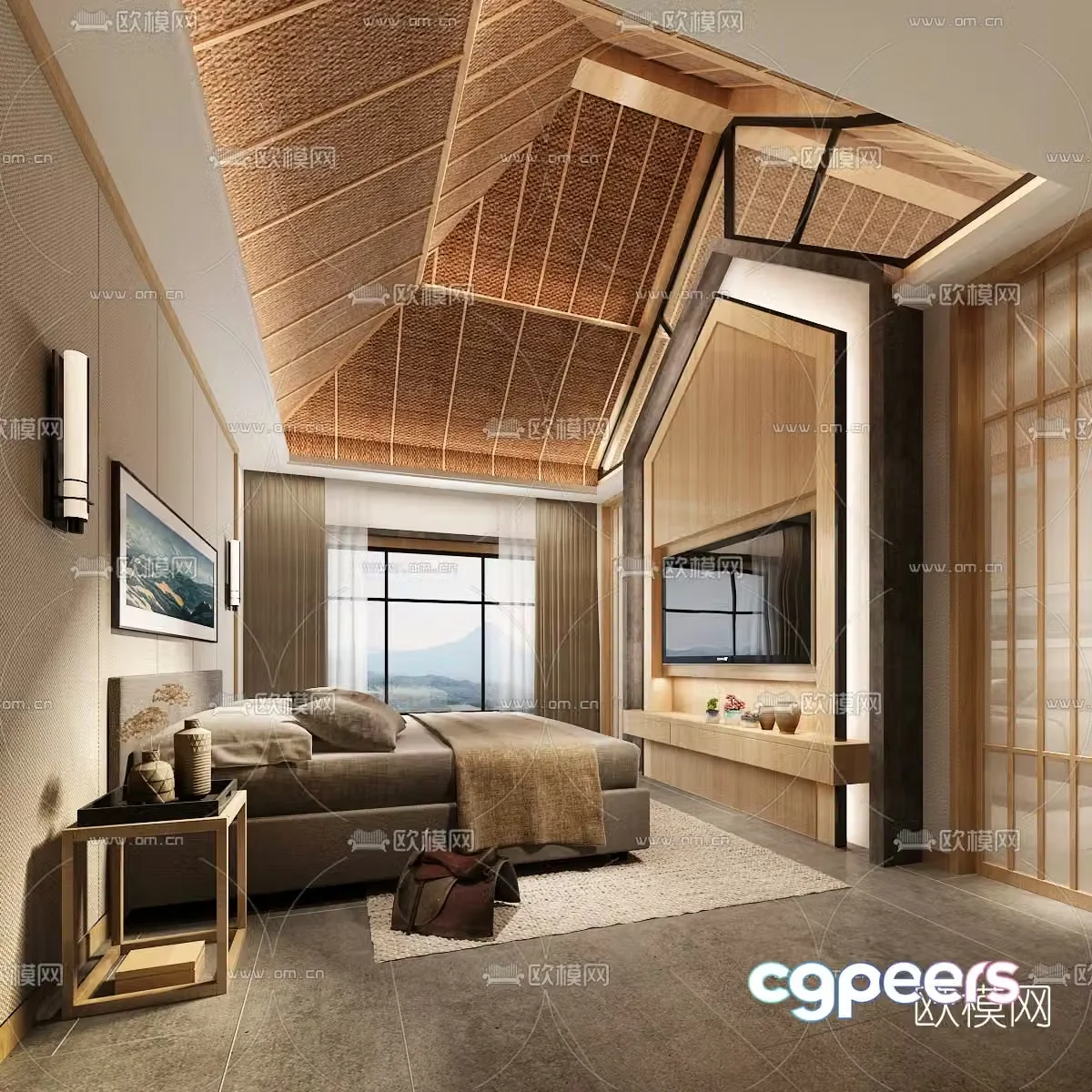 New Chinese style B&B guest room 3D model