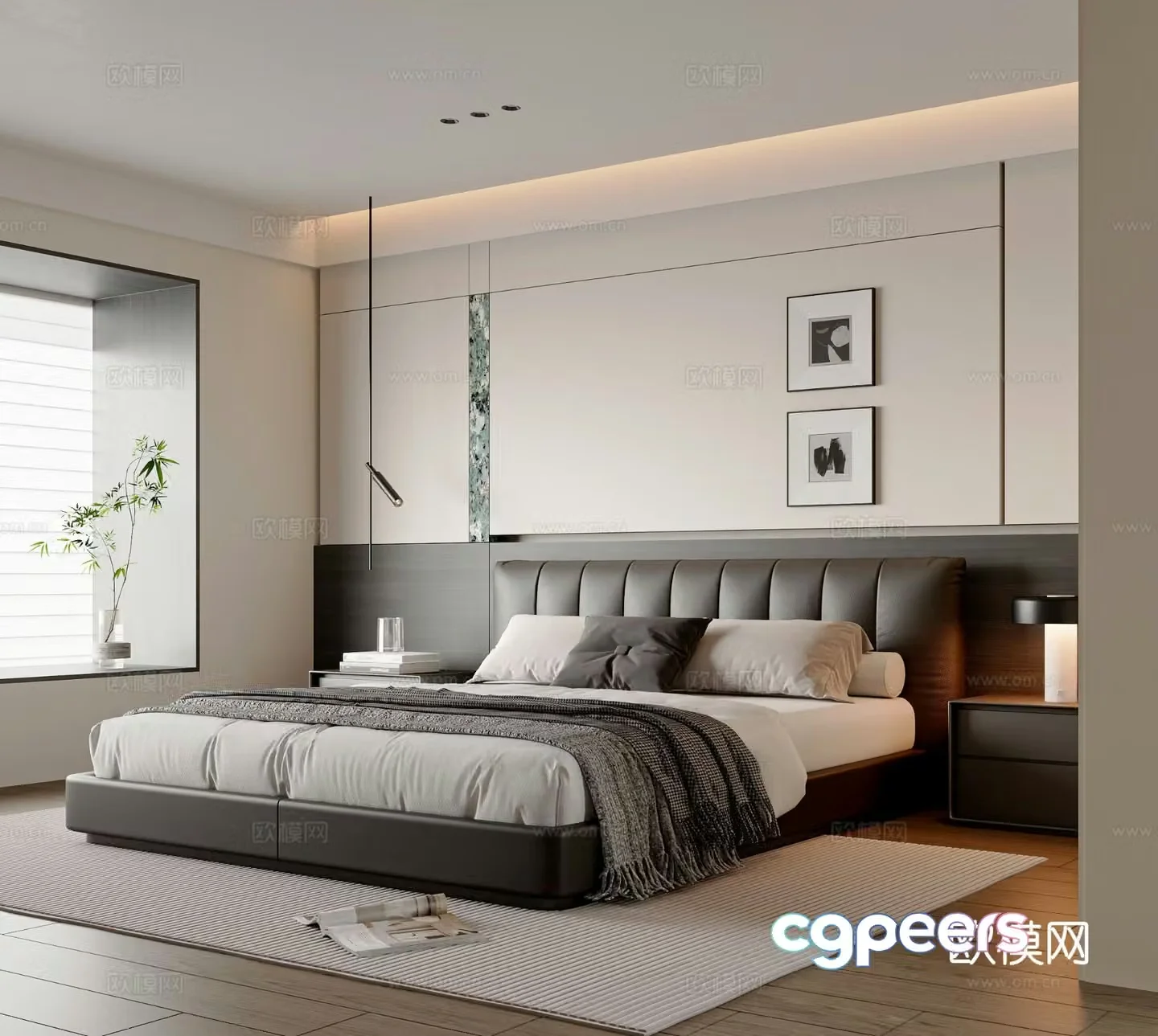 Modern minimalist bedroom master bedroom double bed small chandeliers desk lamp bedroom accessories hanging paintings 3D model