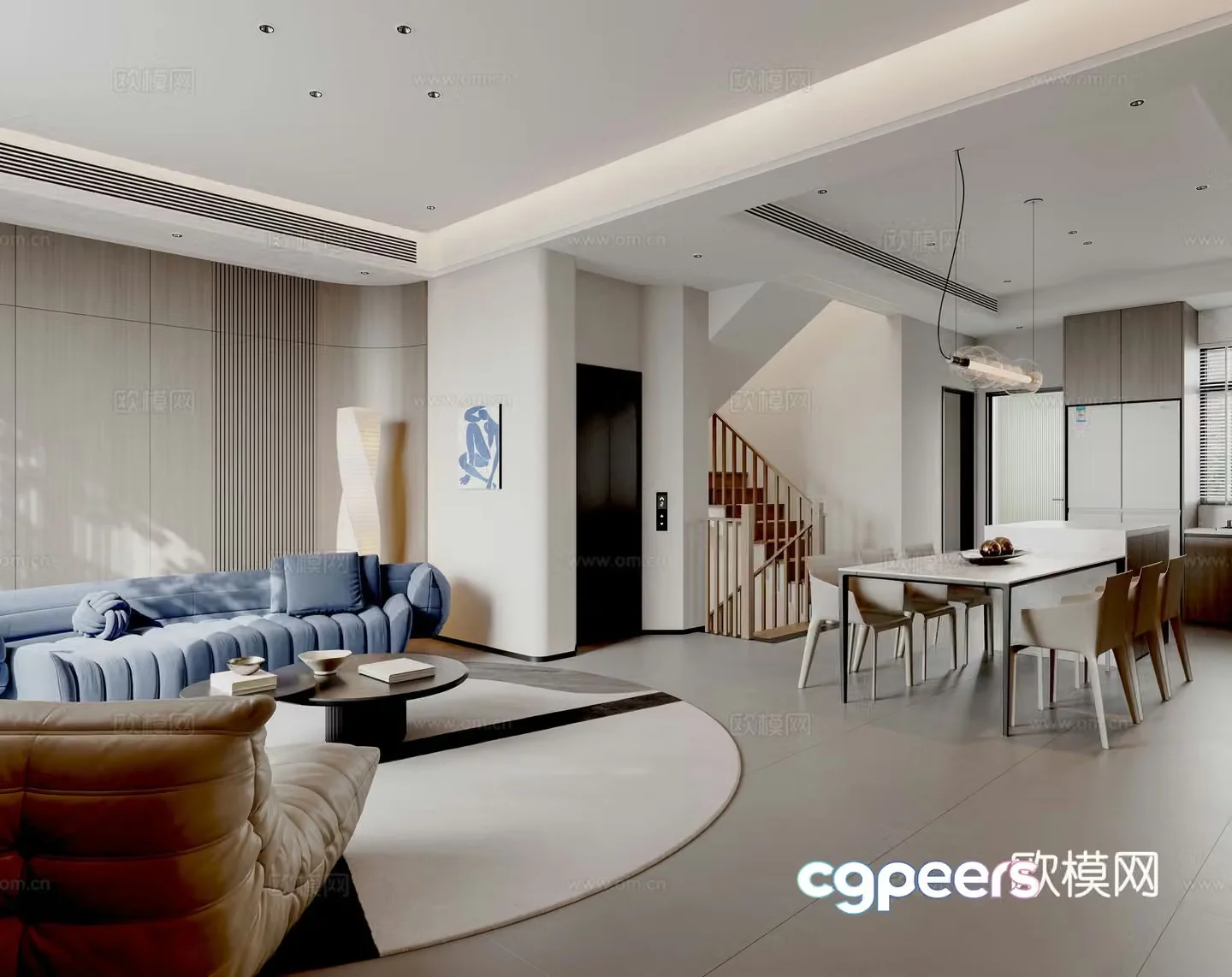 Modern home living and dining room blue sofa combination 3D model