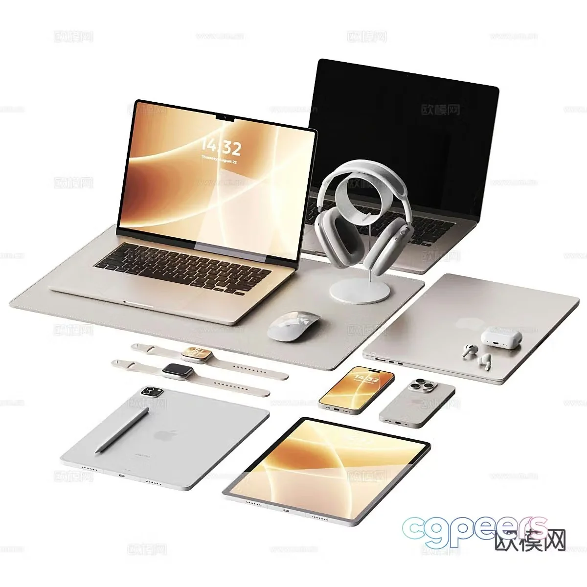 computer notebook office supplies headphones laptop 3d model