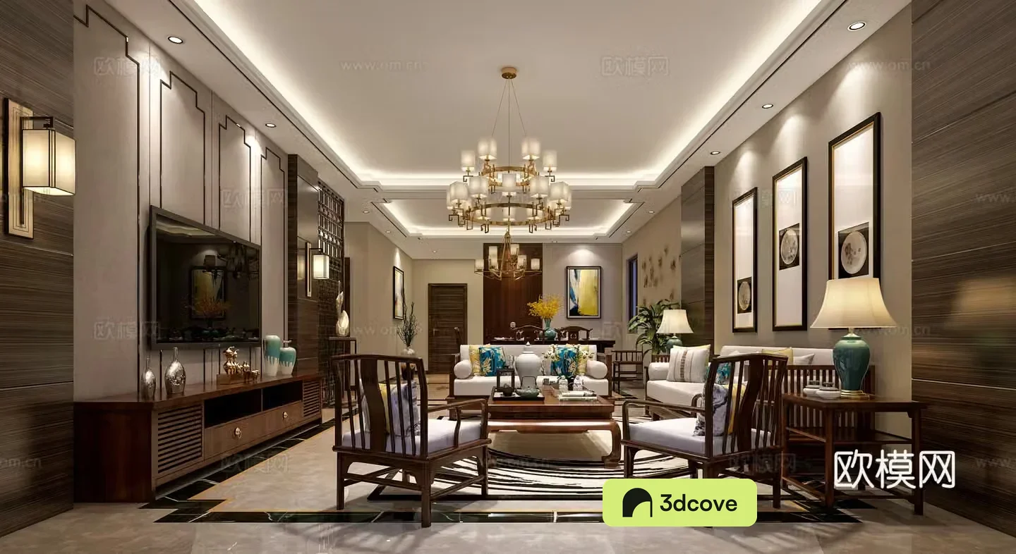 New Chinese style living and dining room sofa combination hanging painting chandeliers wall lamp dining table