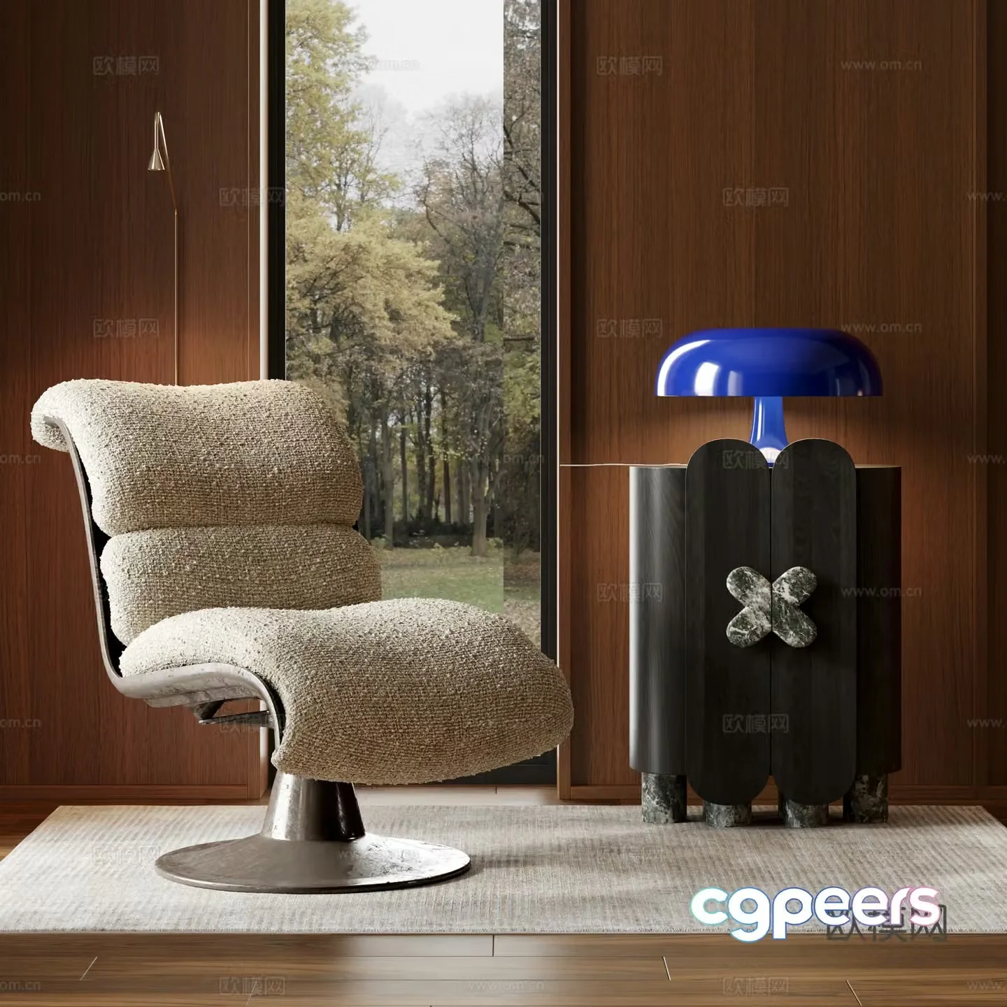 Medium style leisure chair single sofa side table medieval table lamp carpet 3D model