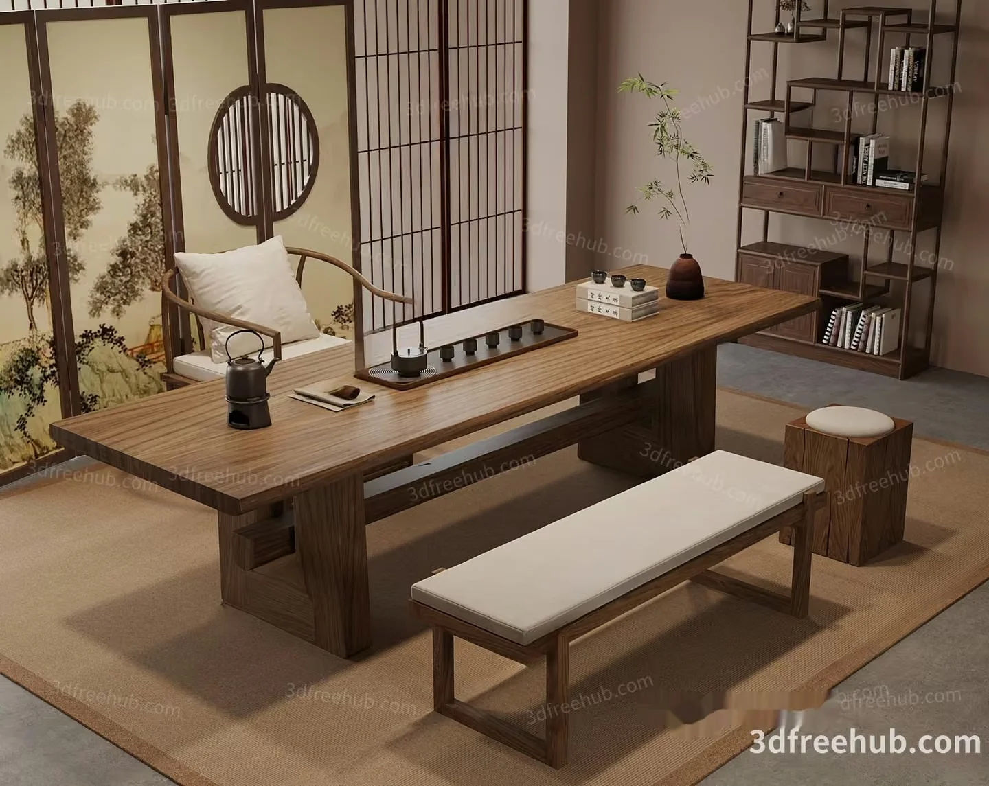 A Japanese-Style Room With A Wooden Table And Bench 3D Model – 21483 – VRAY Render