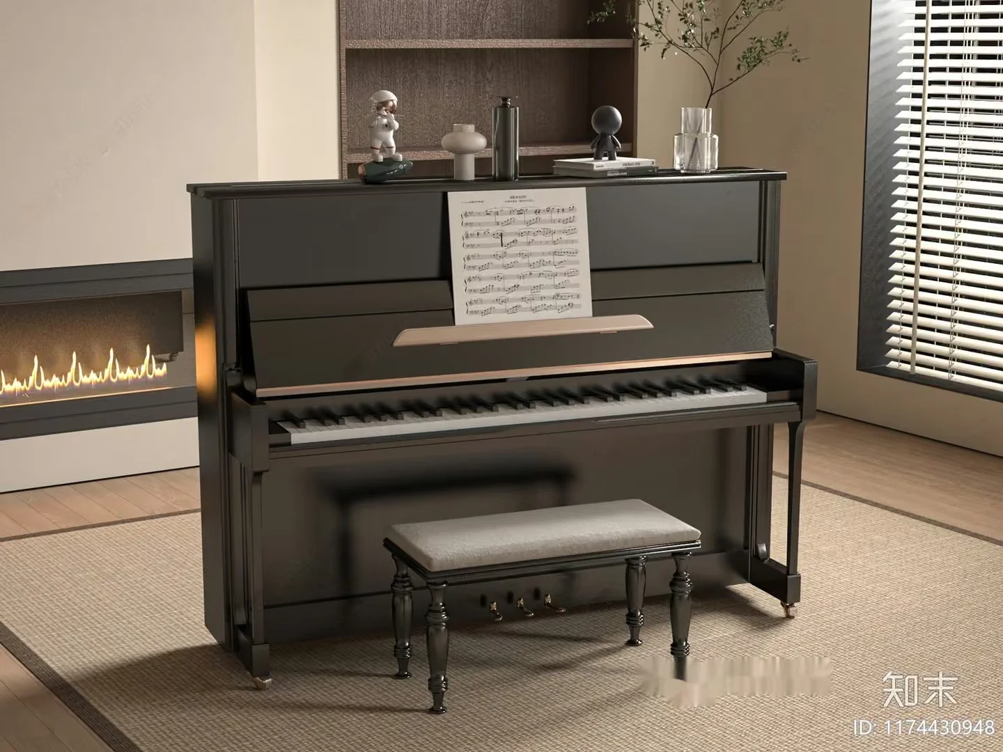 A Black Piano With A Bench 3D Model – 20676 – VRAY Render