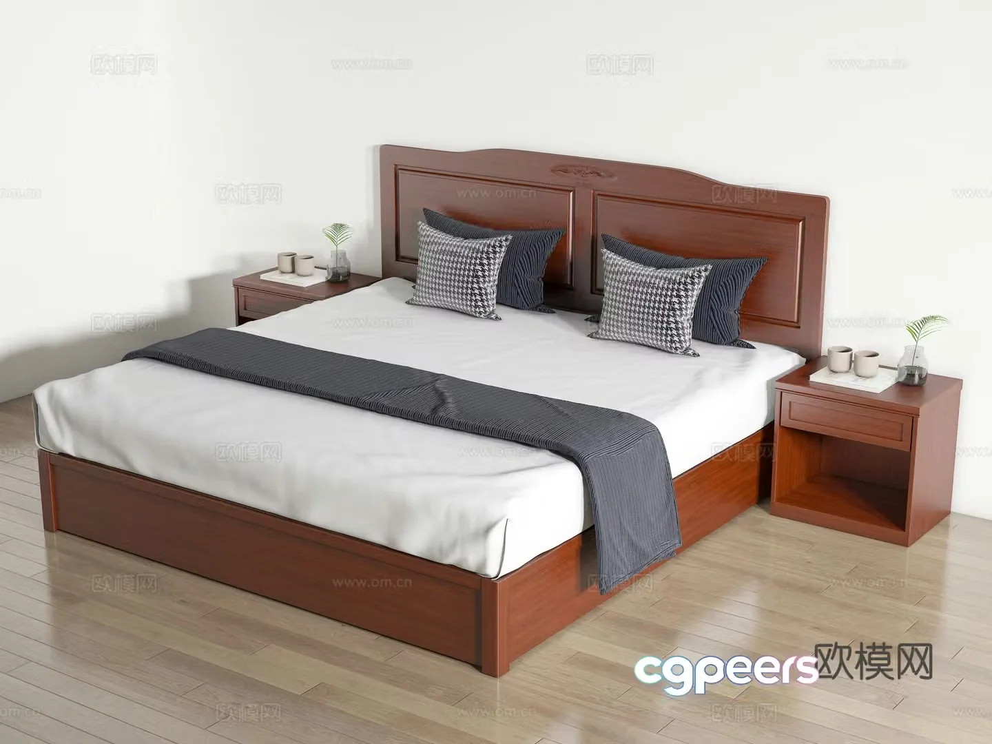 Modern solid wood double bed bed nightstand solid wood big bed Simmons big bed B&B double bed 3D model