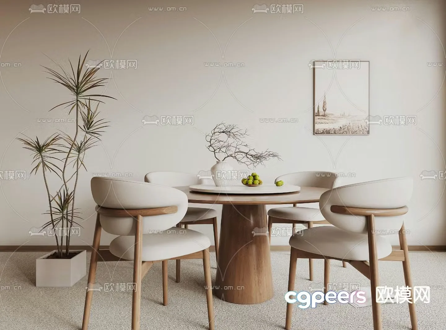 Cream style dining table and chairs round dining table 3d model