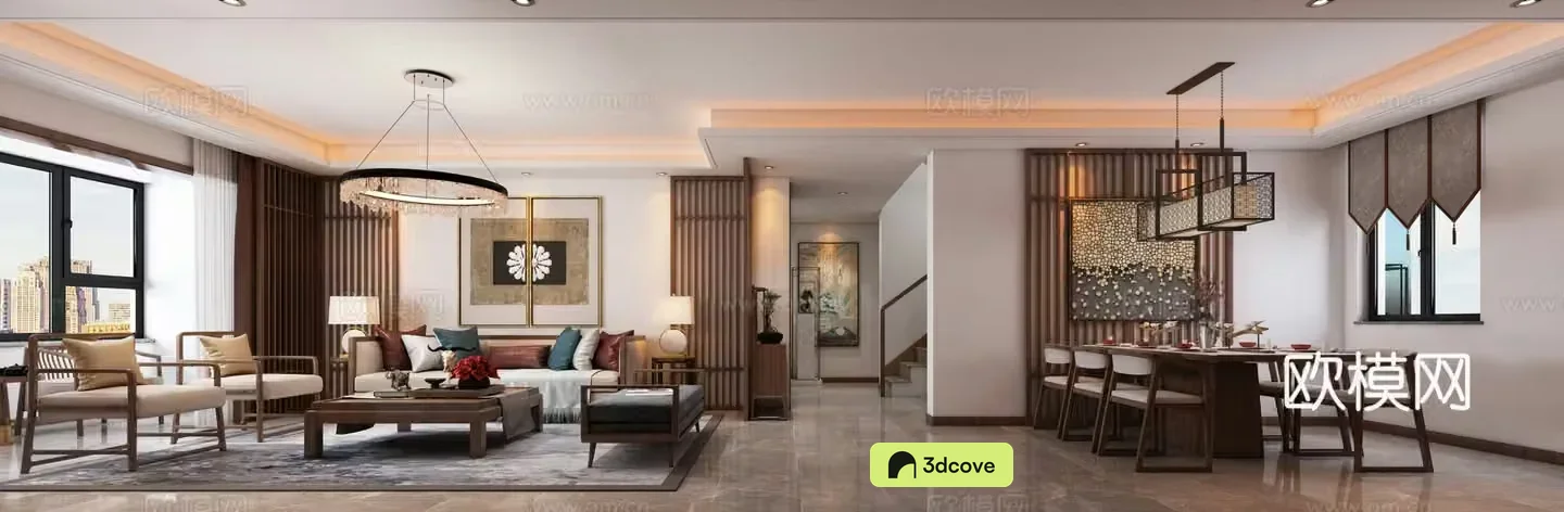 New Chinese style living room and dining room sofa and coffee table dining table and chairs hanging paintings objects ornaments chandeliers