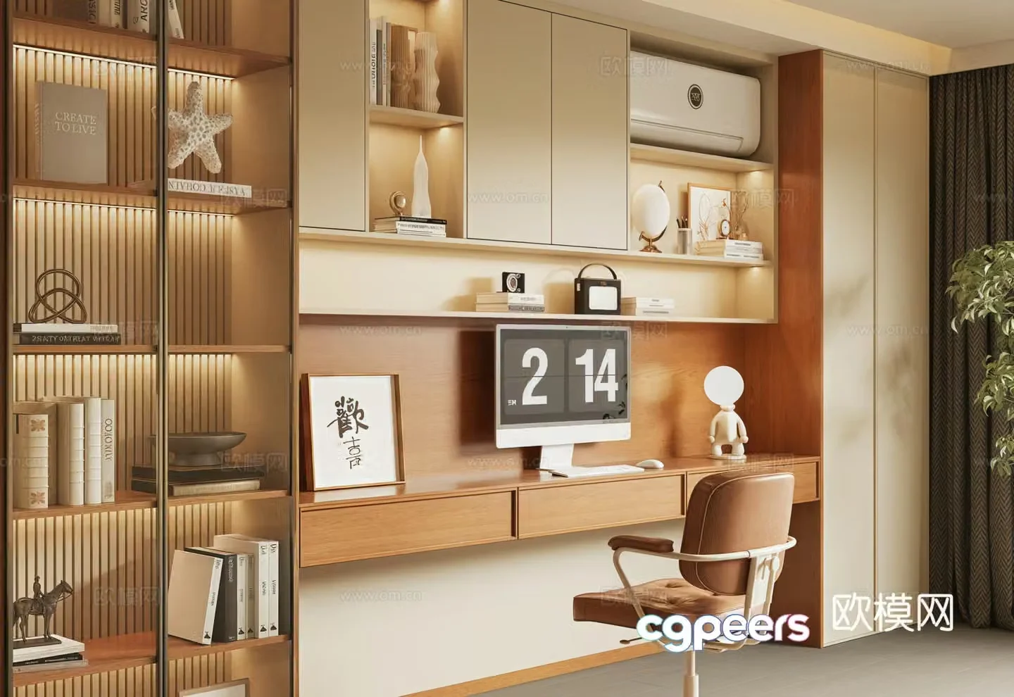 Modern medieval style study room medieval style bookcase computer office chair 3d model