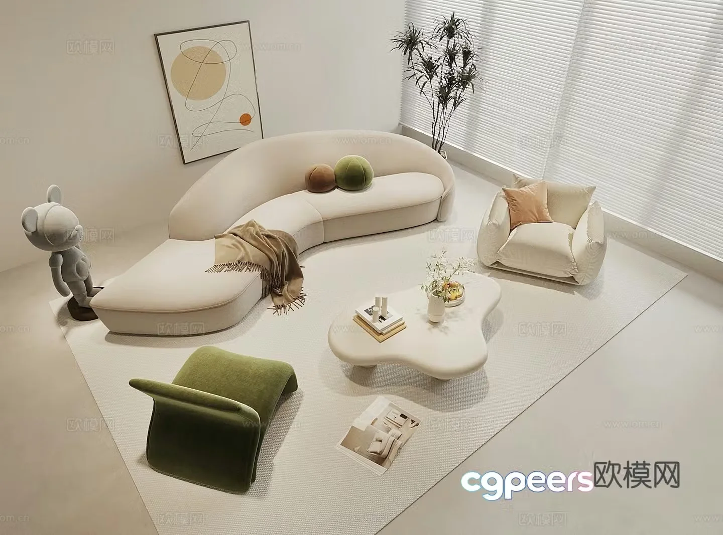 Modern cream style sofa tea table combination curved sofa casual sofa coffee table caterpillar sofa 3d model