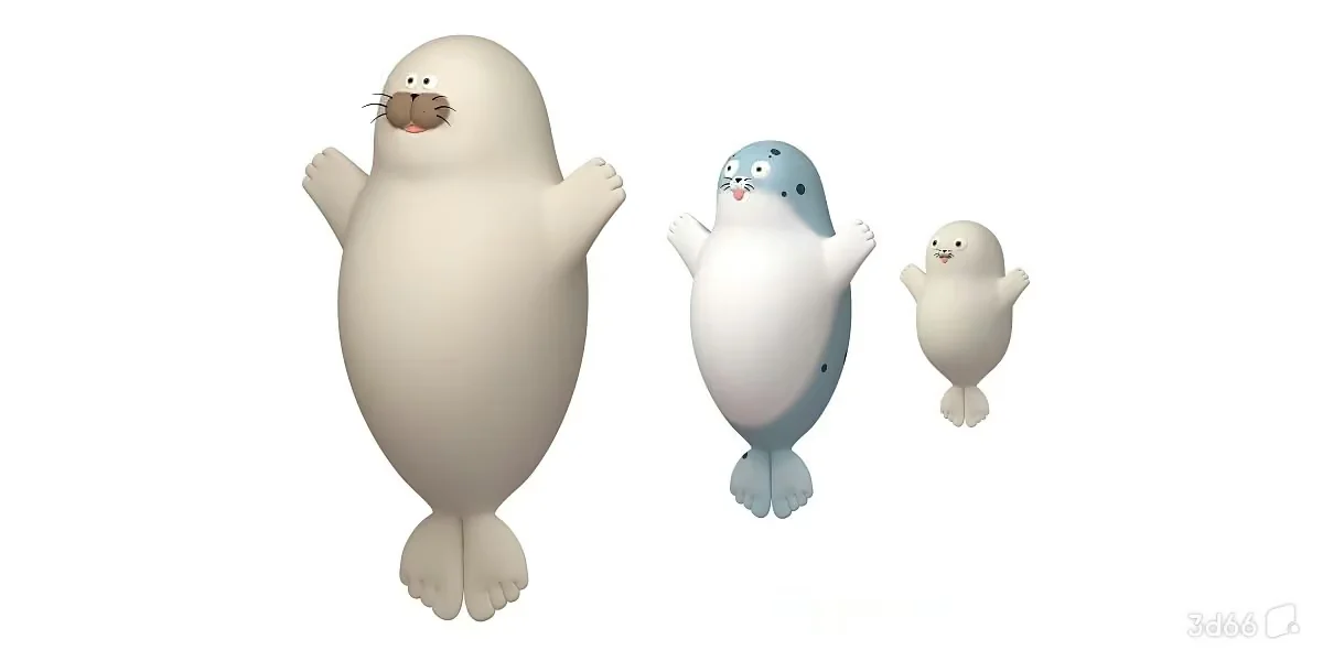 Three Cartoon Seals 3D Model – 19740 – VRAY Render