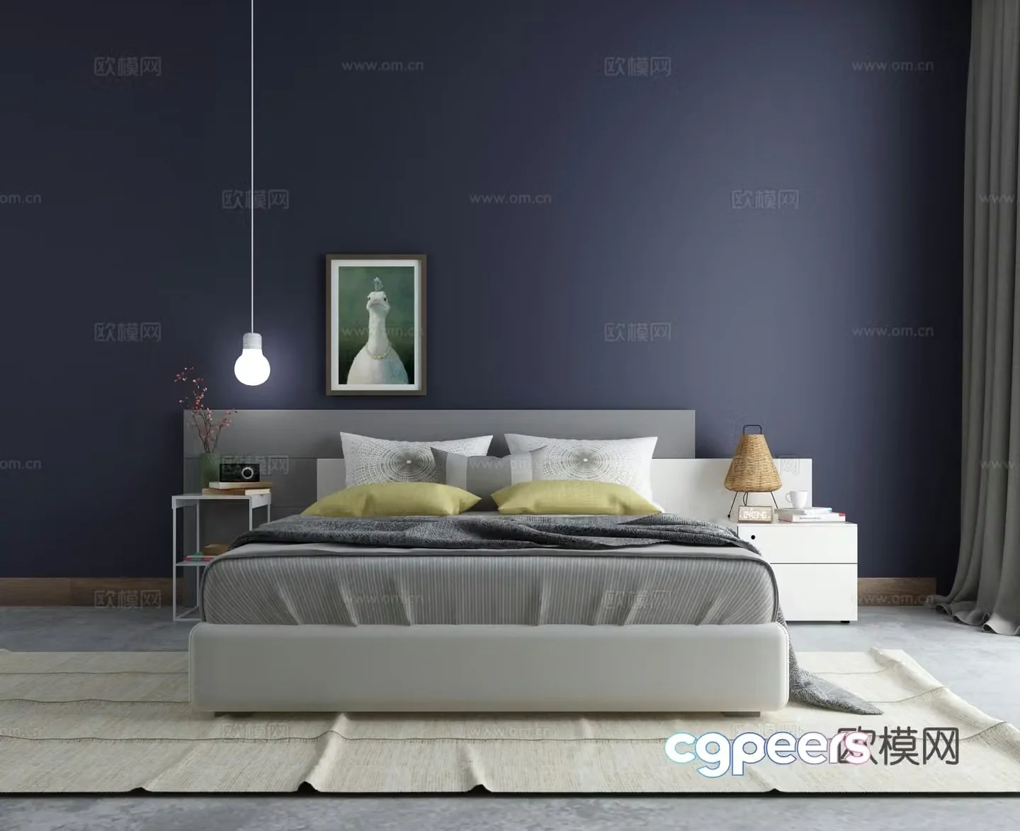 Nordic double bed chandelier bedside table 3d model