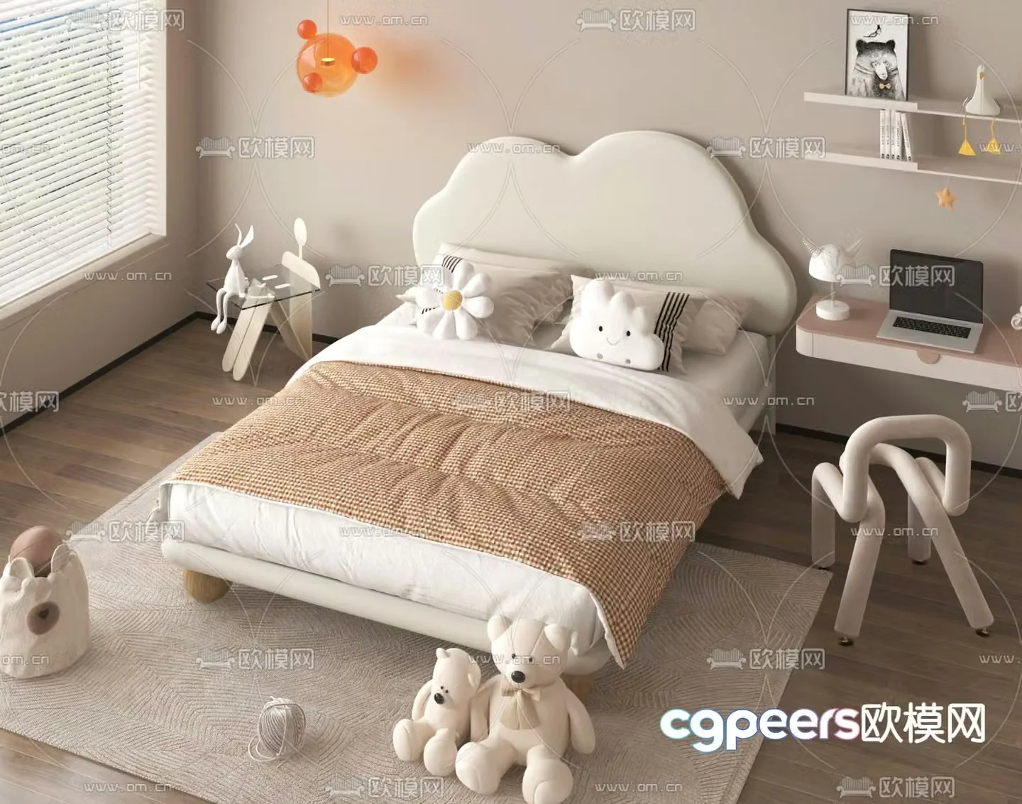 Cream style children’s bed cloud bed double bed 3d model
