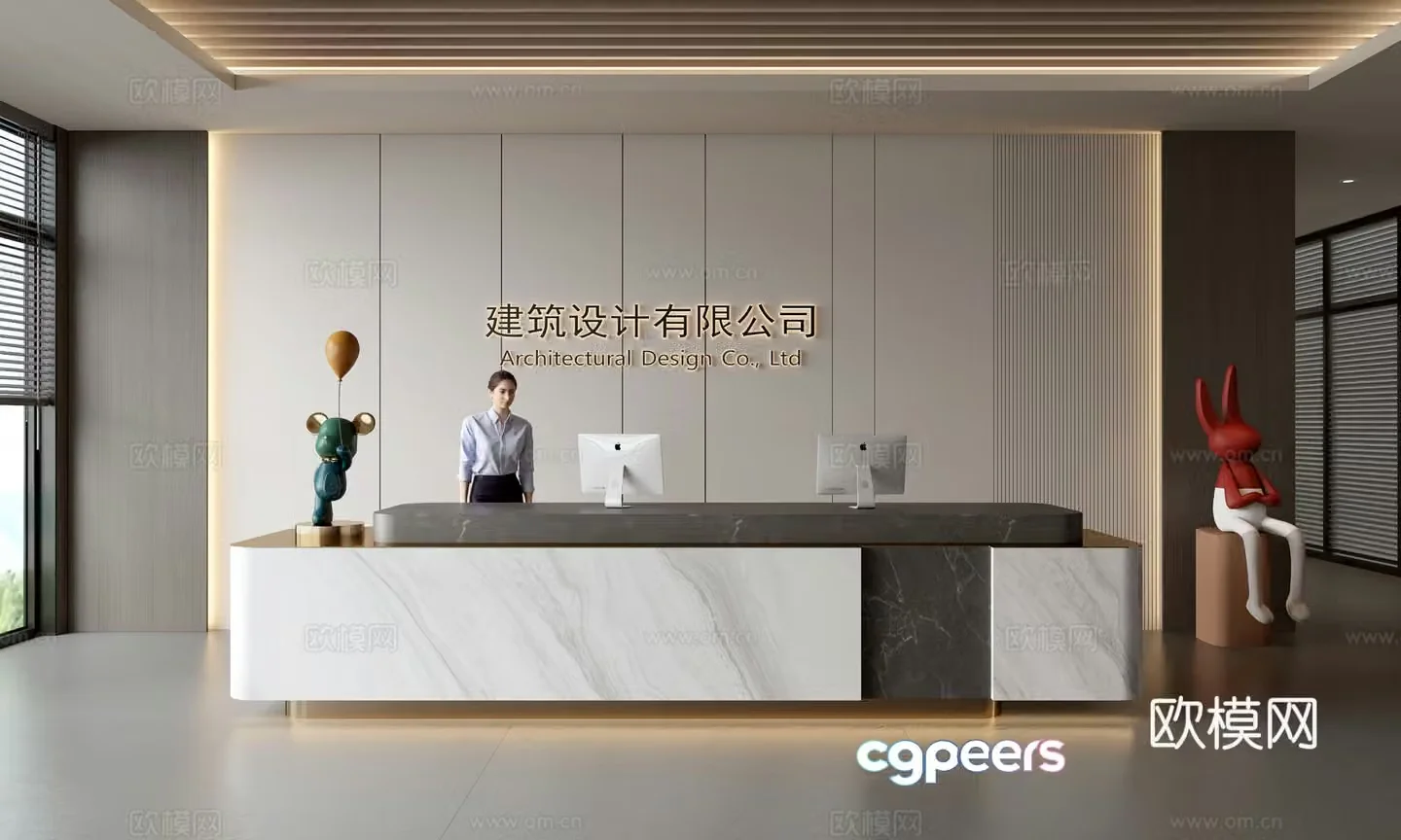 Modern company front desk reception area bar reception desk service desk company front desk background 3D model