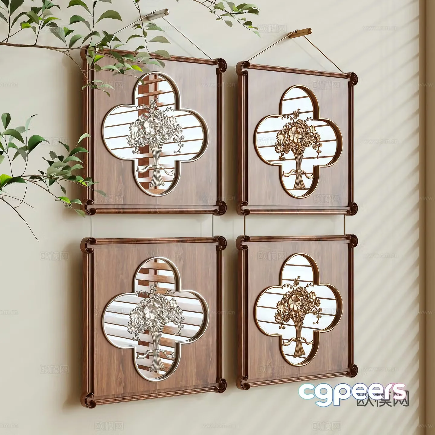 Logs with a 3d model of hanging paintings in a log