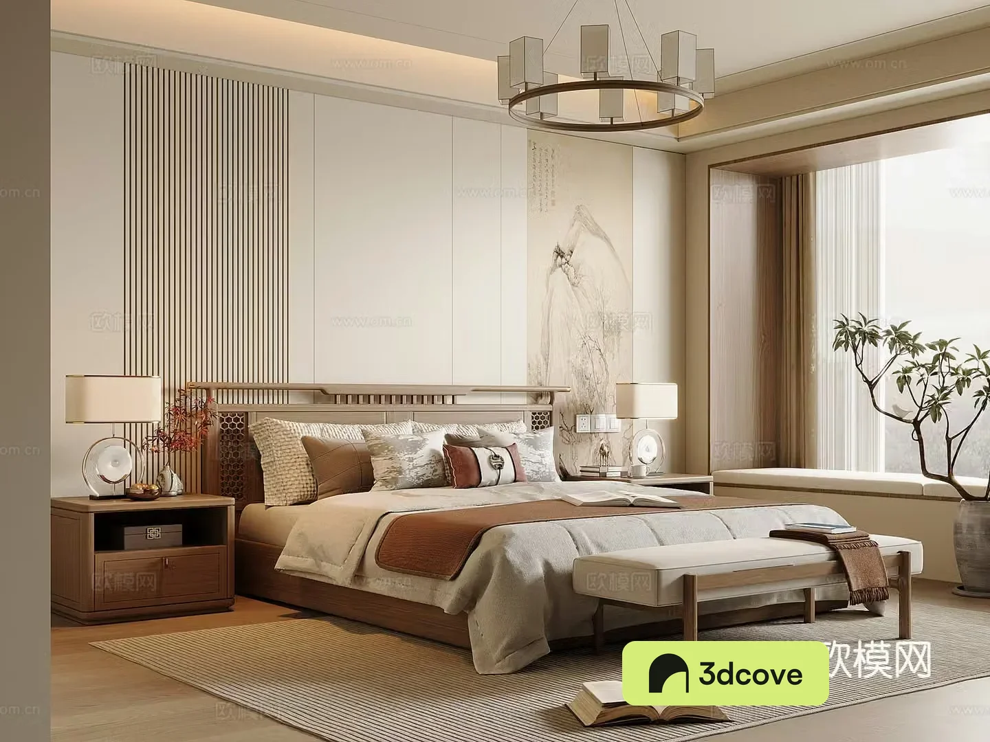 New Chinese style bedroom Song style solid wood double bed nightstand bed end stool Chinese style chandelier