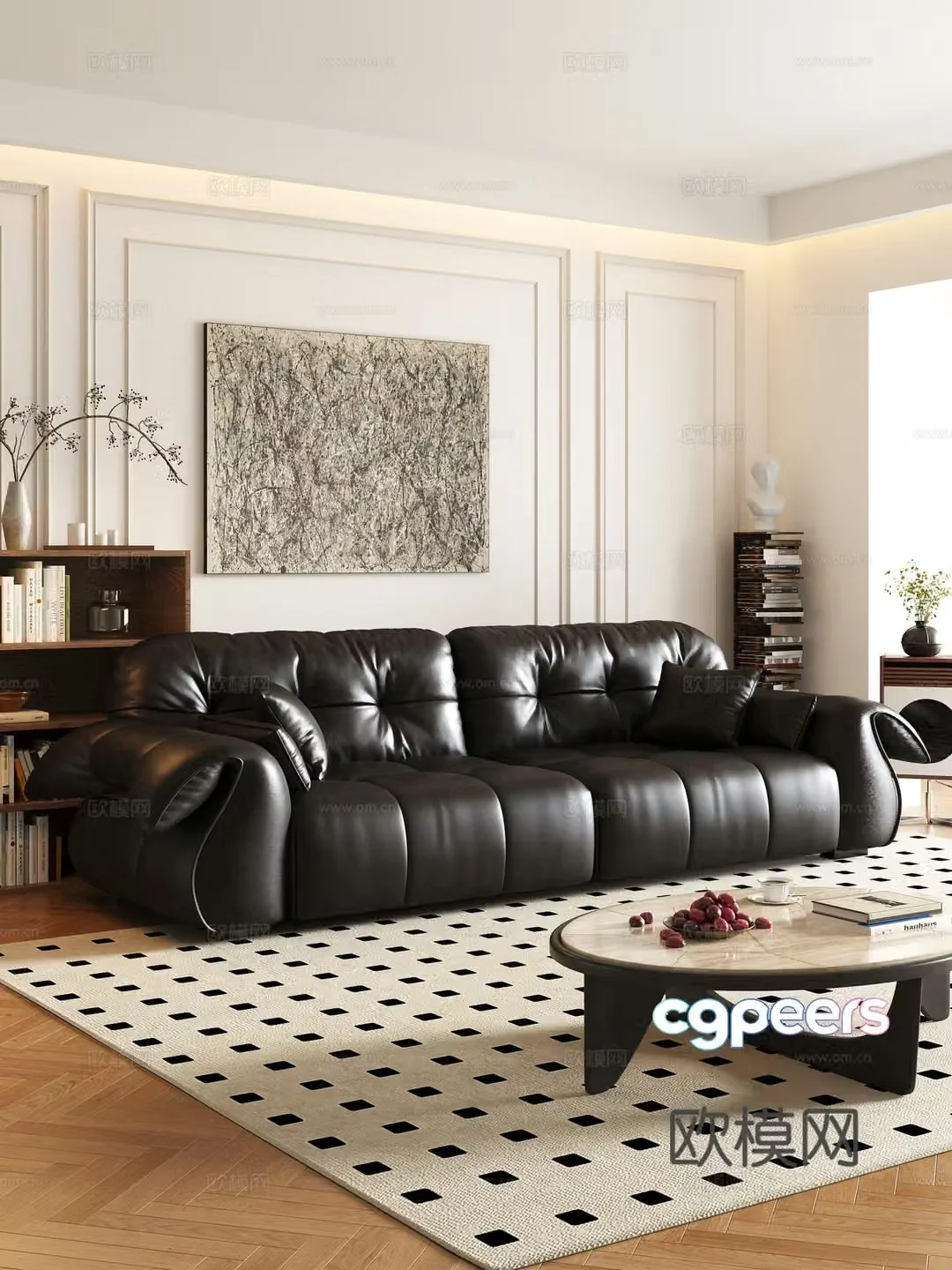 Modern double sofa coffee table leather sofa 3d model
