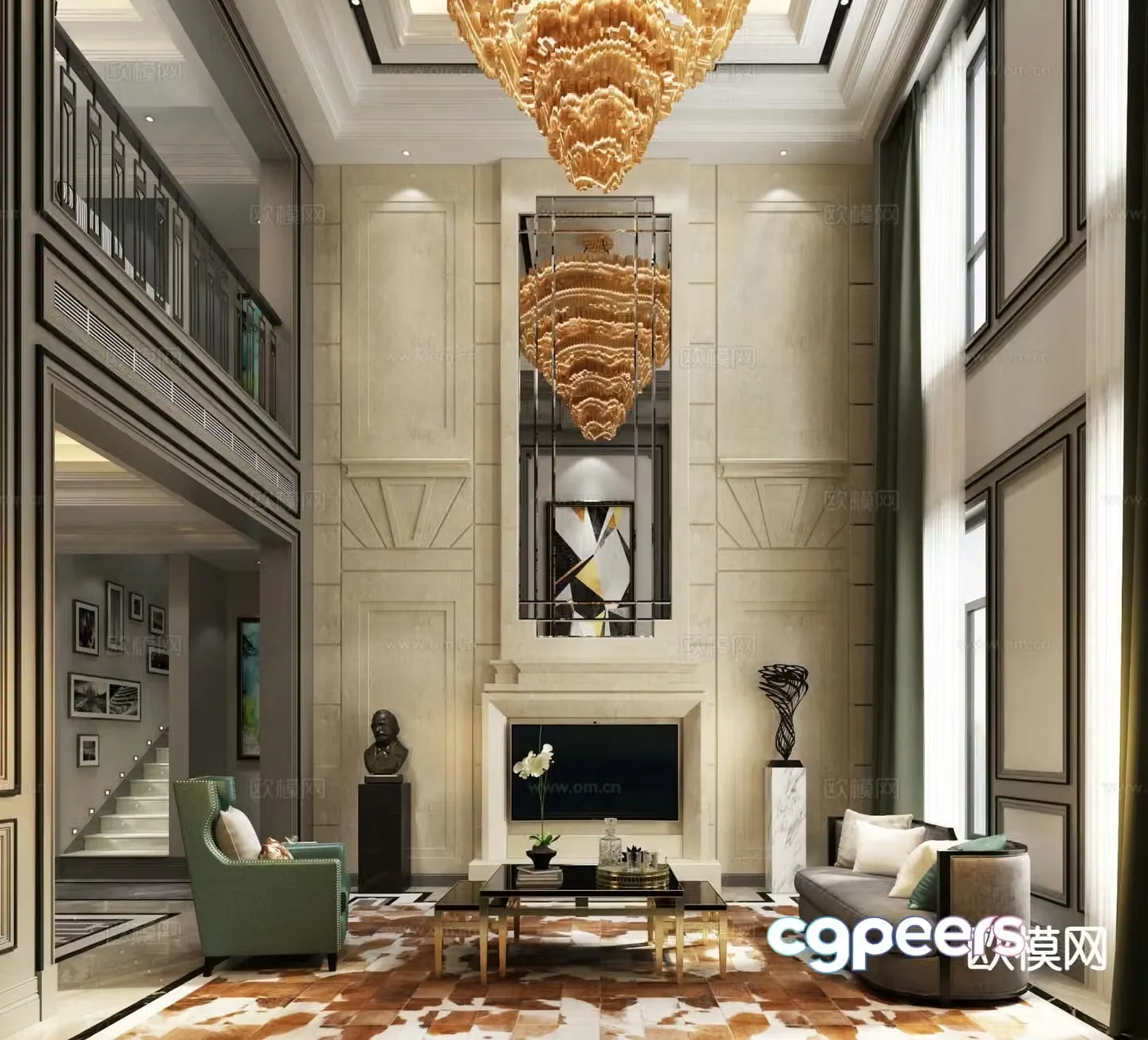 European style villa living room 3d model of villa hall