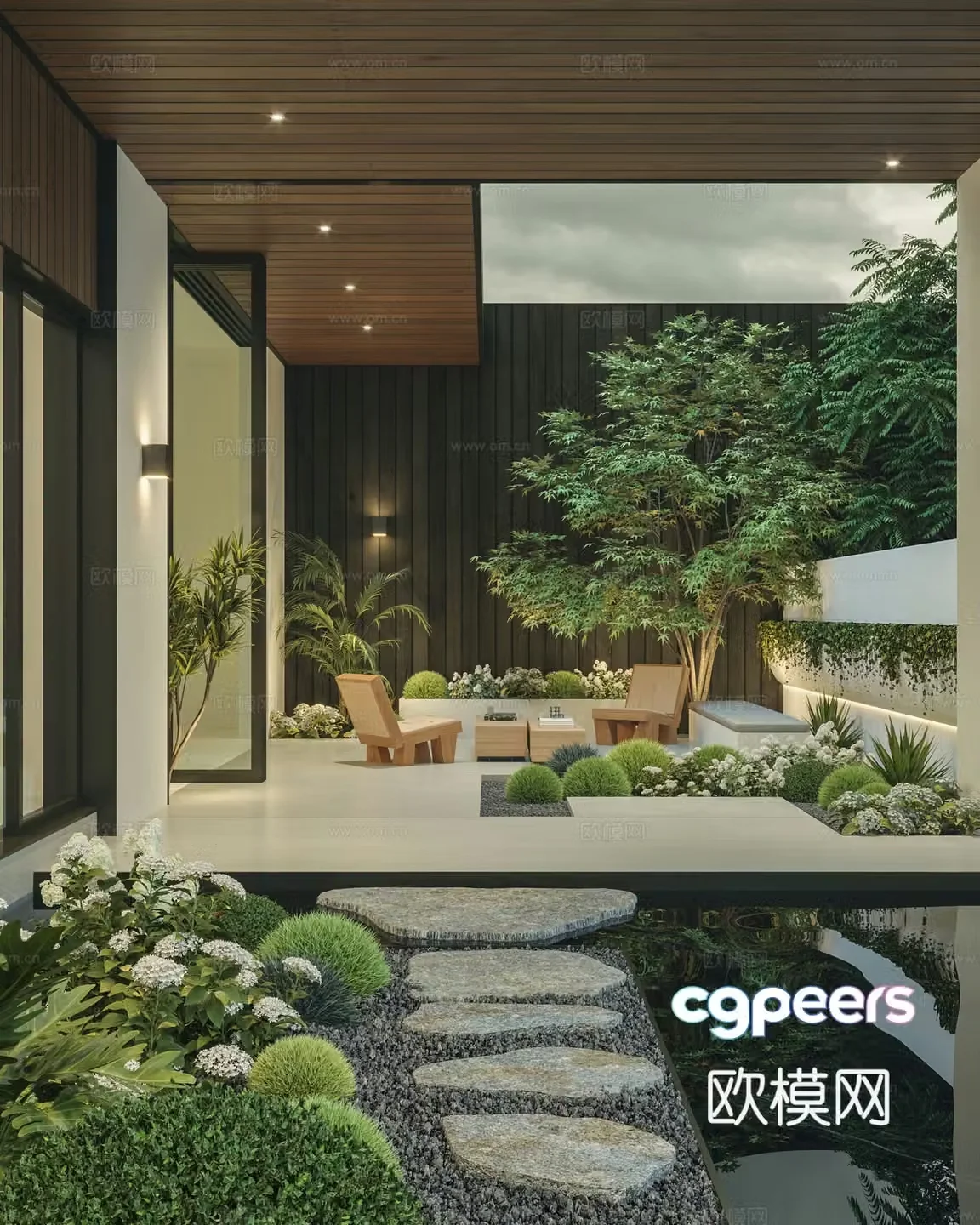Modern minimalist villa garden courtyard 3d model