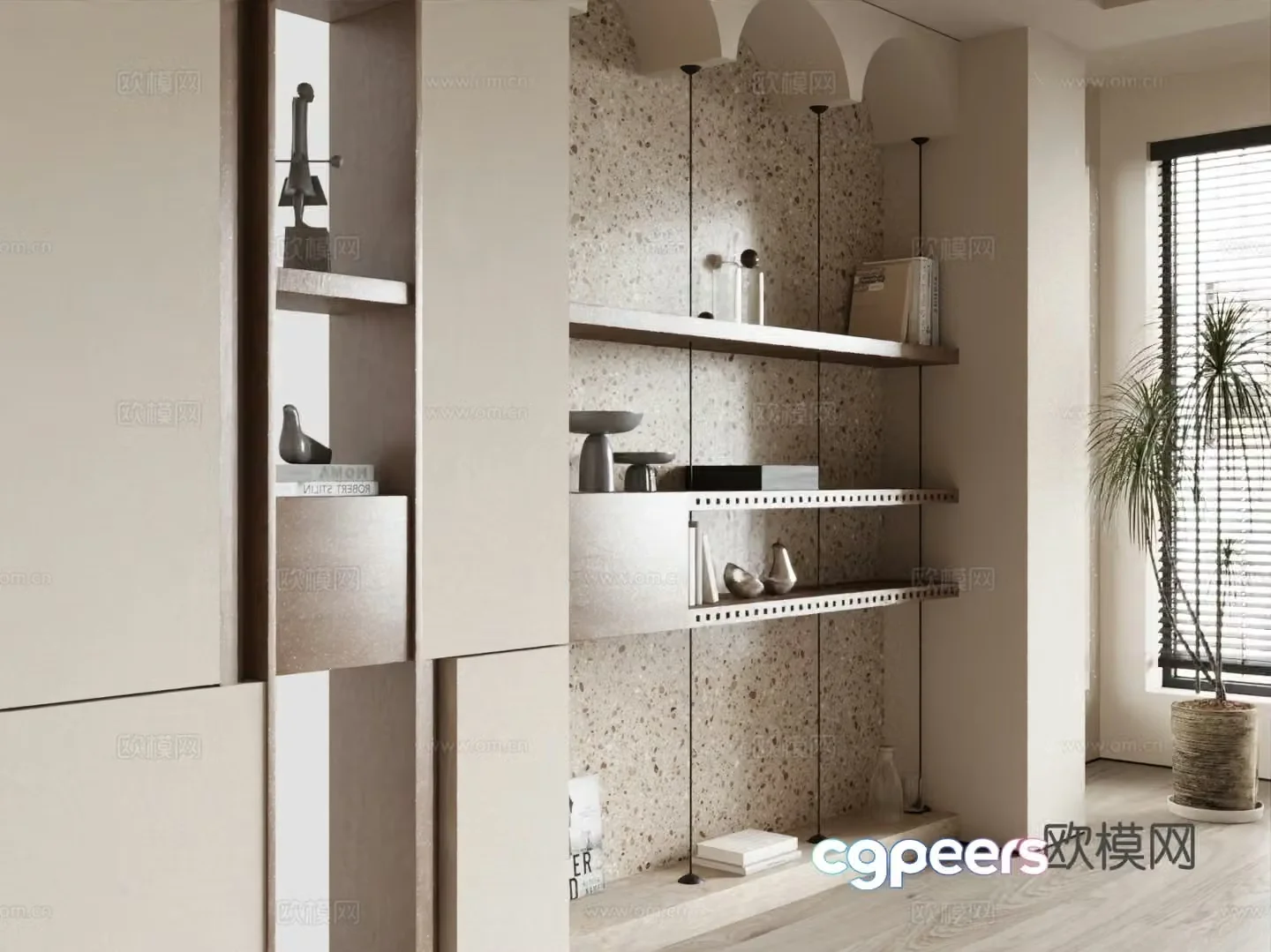 Modern Cream Bookcase Background Wall Decoration Cabinet 3D Model