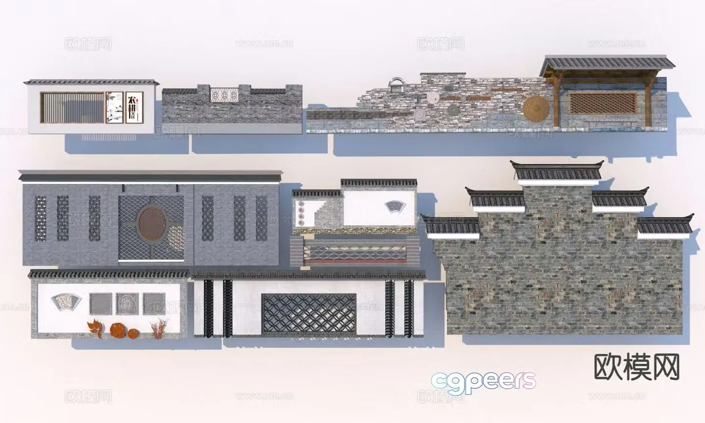 New Chinese style blue brick wall blue tile wall landscape wall 3D model
