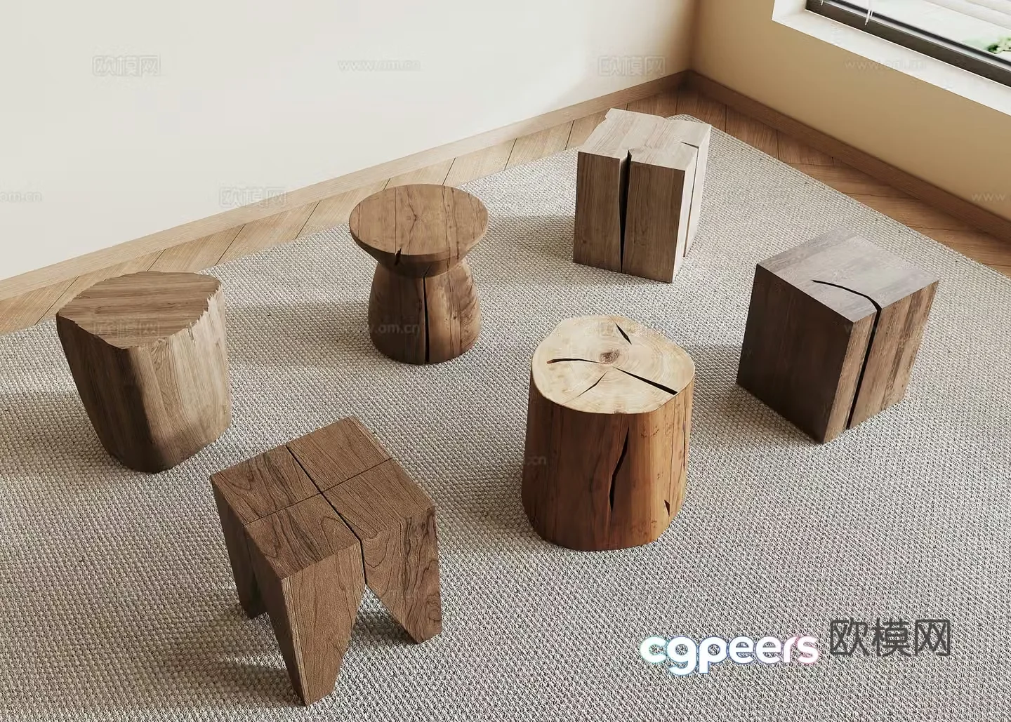 Log stool low stool 3d model
