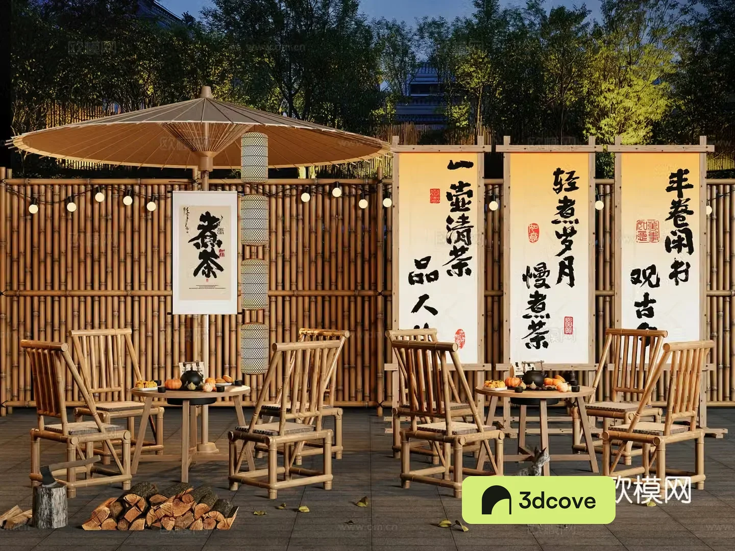 Chinese outdoor table and chairs bamboo tea table and chairs stove cooking tea stove wood bamboo fence