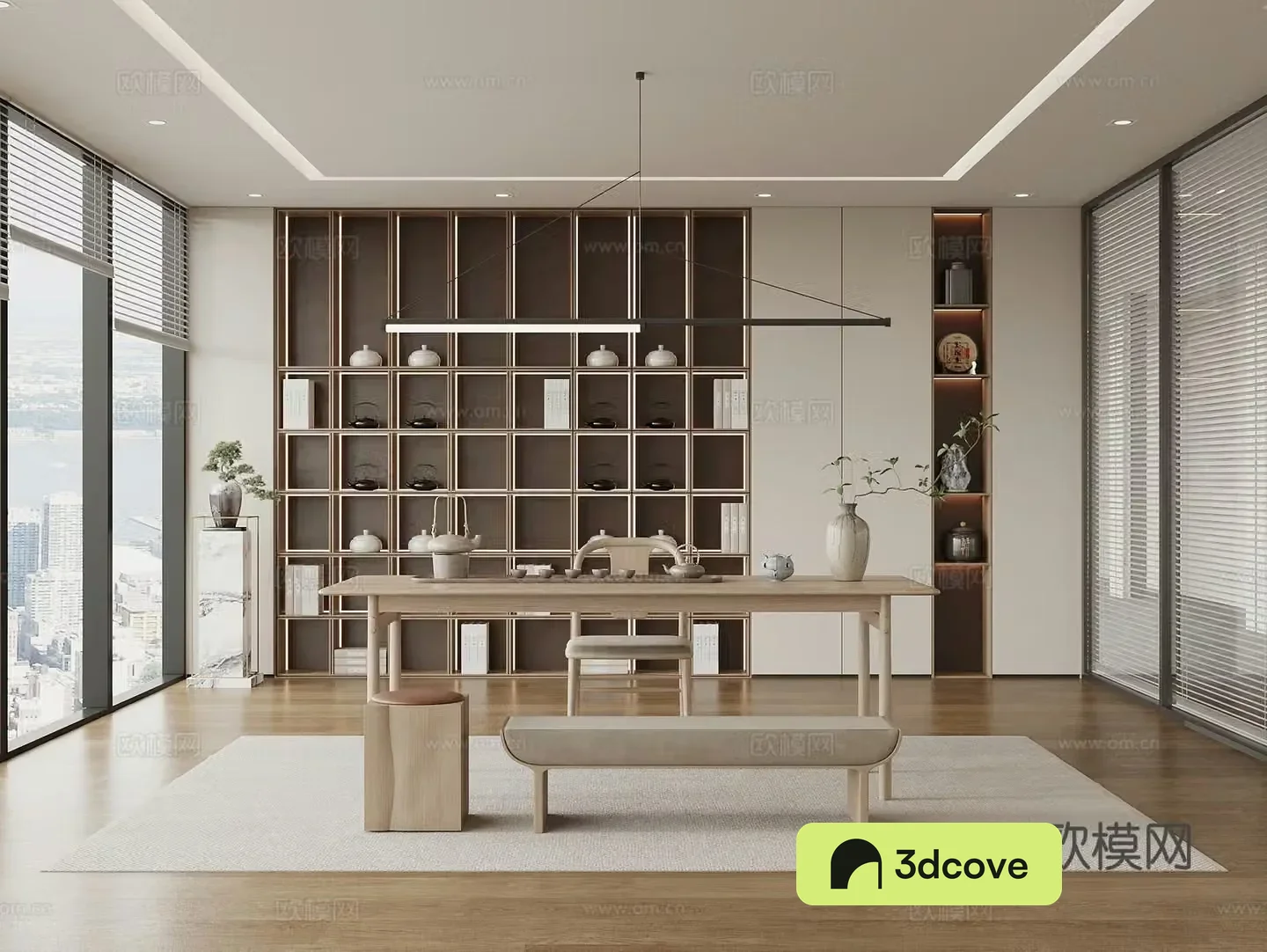 New Chinese-style tea room tea table and chair tea room cabinet tea set potted plant office tea room