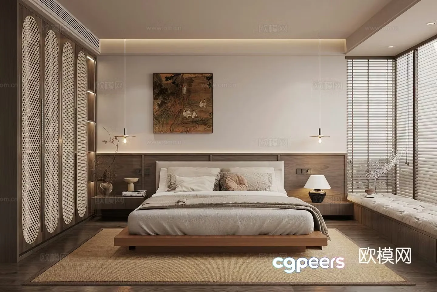 Middle style home bedroom Middle style elder room Second bedroom Middle style bedroom bed bed nightstand 3D model
