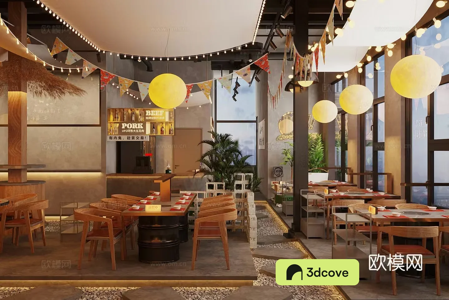 Industrial style tea restaurant hot pot restaurant barbecue restaurant hot pot table and chair star lamp moon lamp
