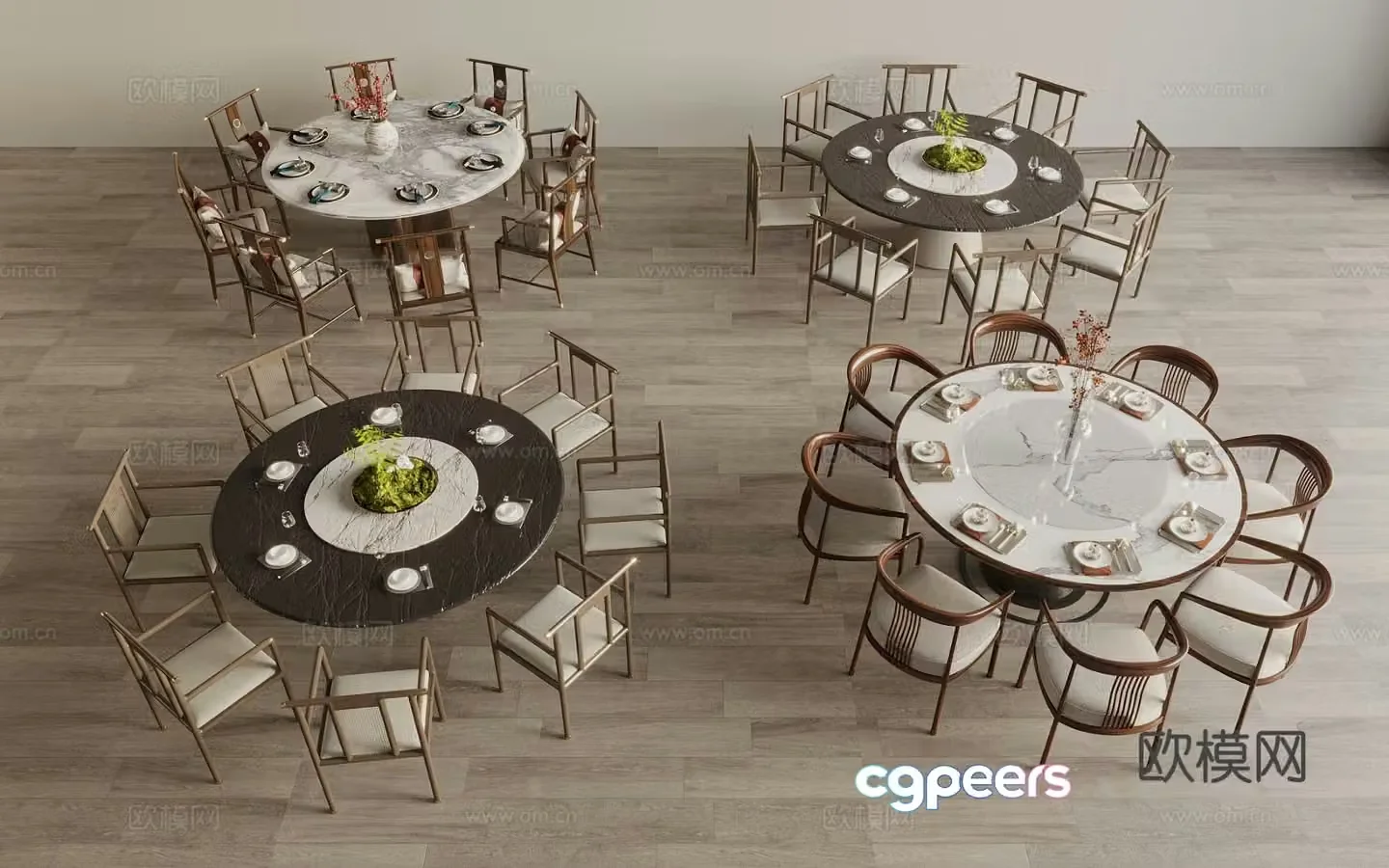 New Chinese style box dining table and chairs round dining table 3D model