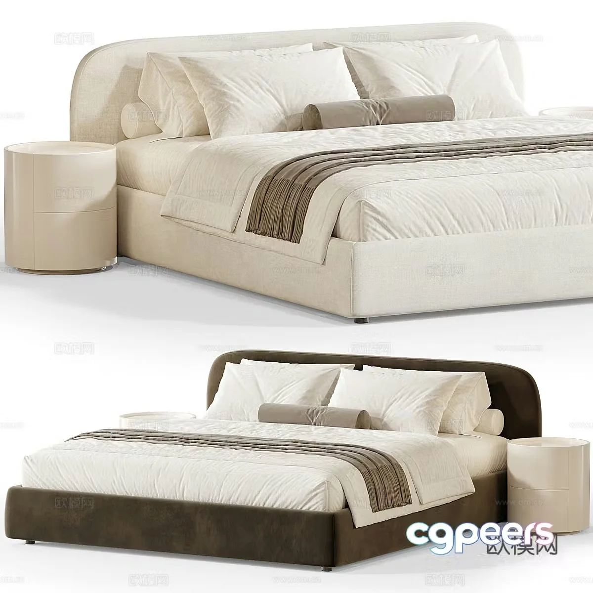 Modern cream style fabric double bed 3d model