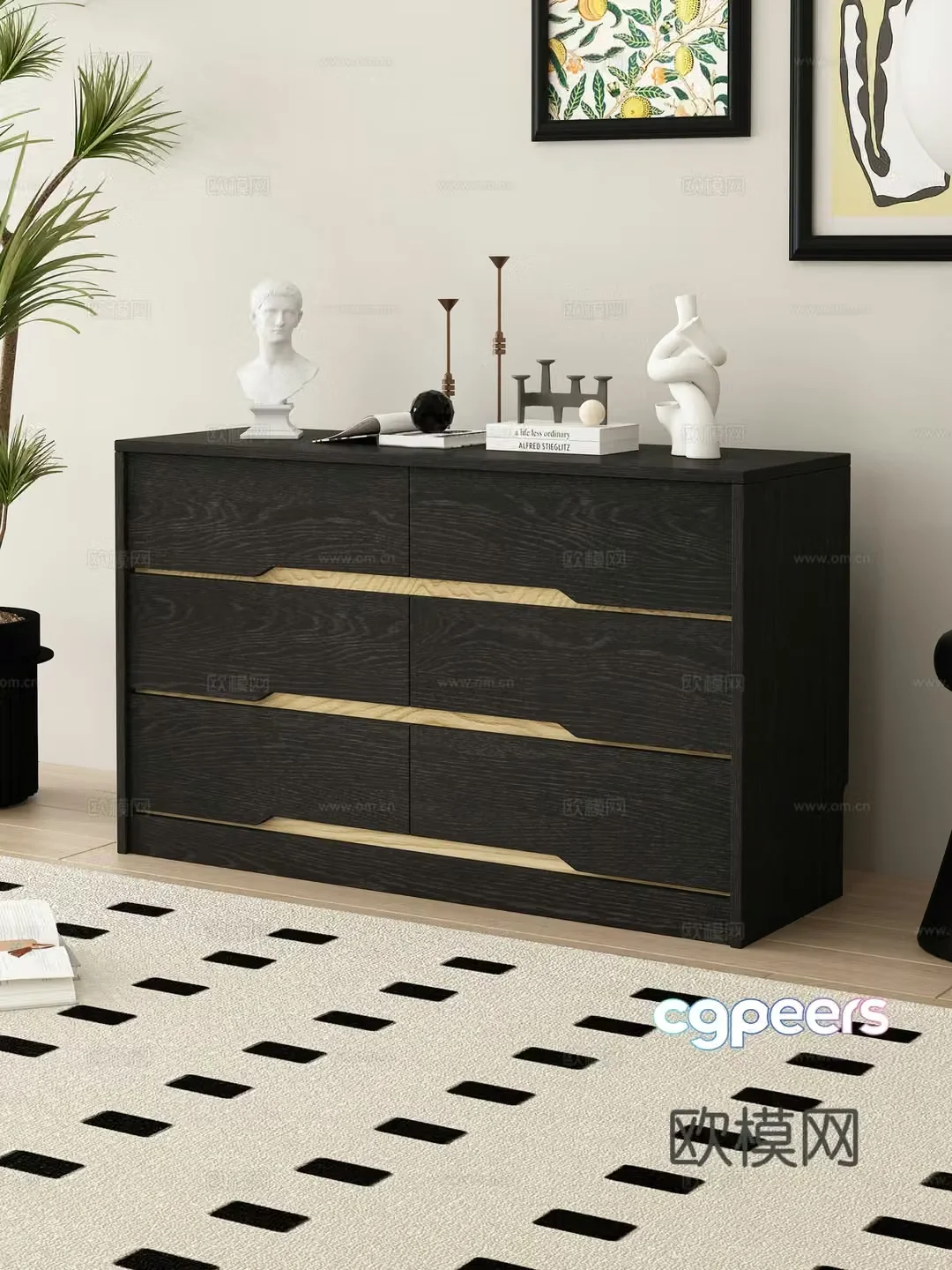 Middle style chest of drawers storage cabinets chest of drawers six chest of drawers abstract painting sculpture books 3d model