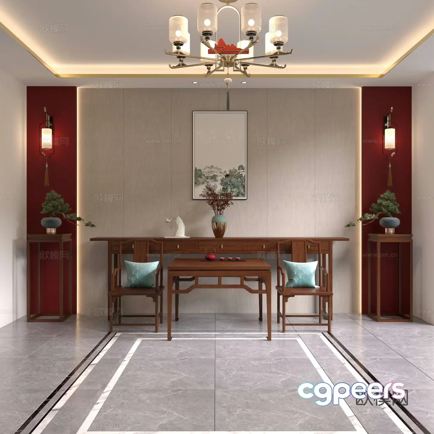 New Chinese style midtown hall entrance hall end view platform flower stand eight immortal table incense table 3D model