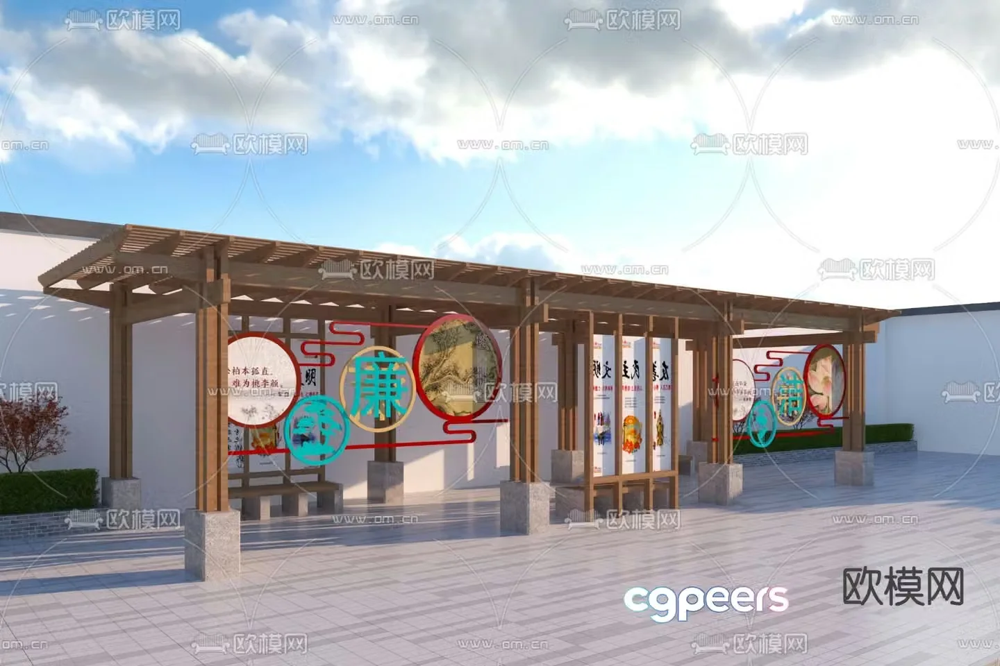 New Chinese style pavilion gallery frame corridor 3D model