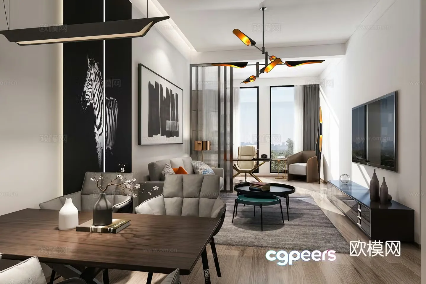 Modern living and dining table sofa coffee table chandeliers TV cabinet 3d model